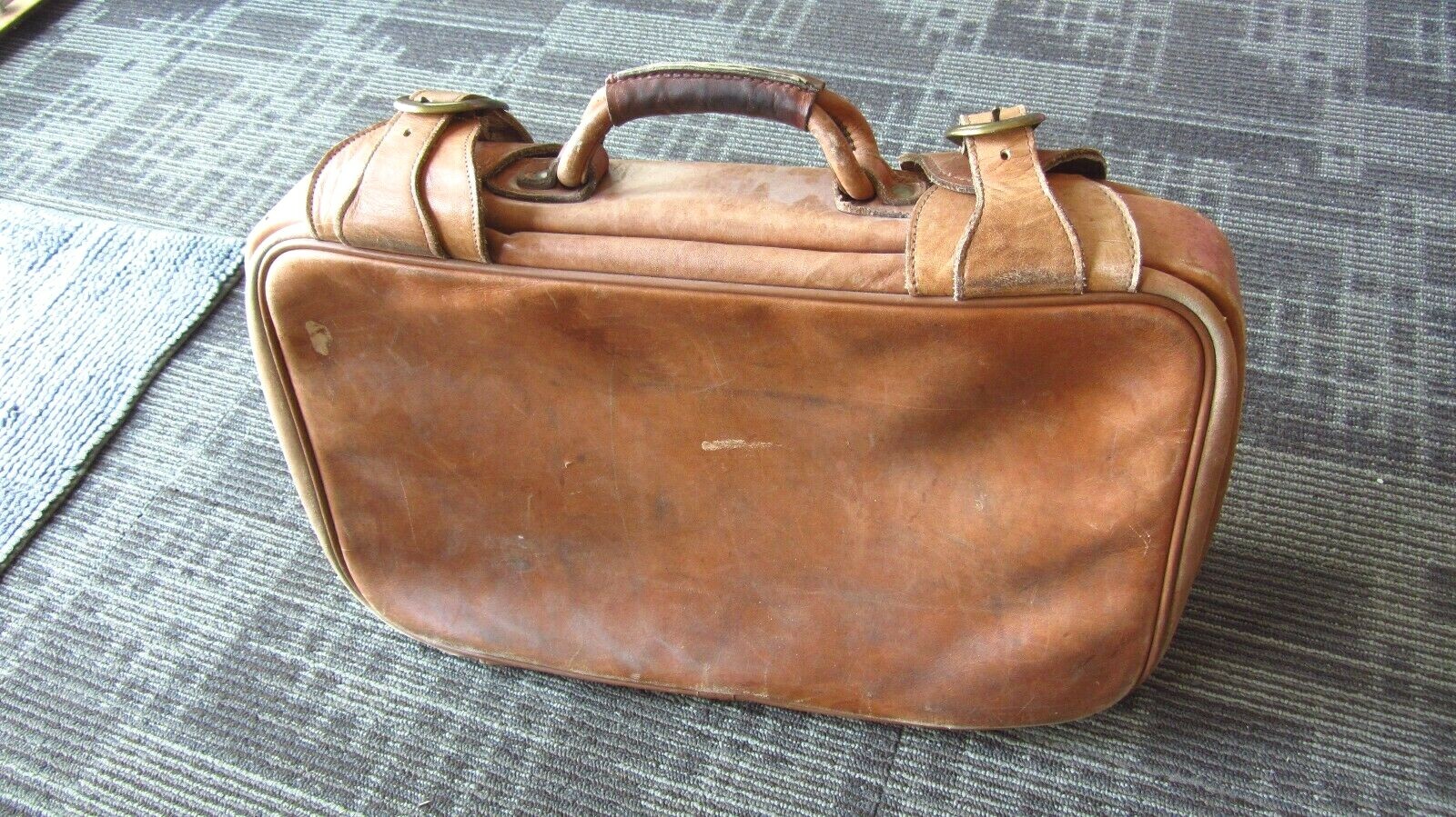 Vintage Leather Luggage Rustic Suitcase Over Night Tan Buckles Display Décor