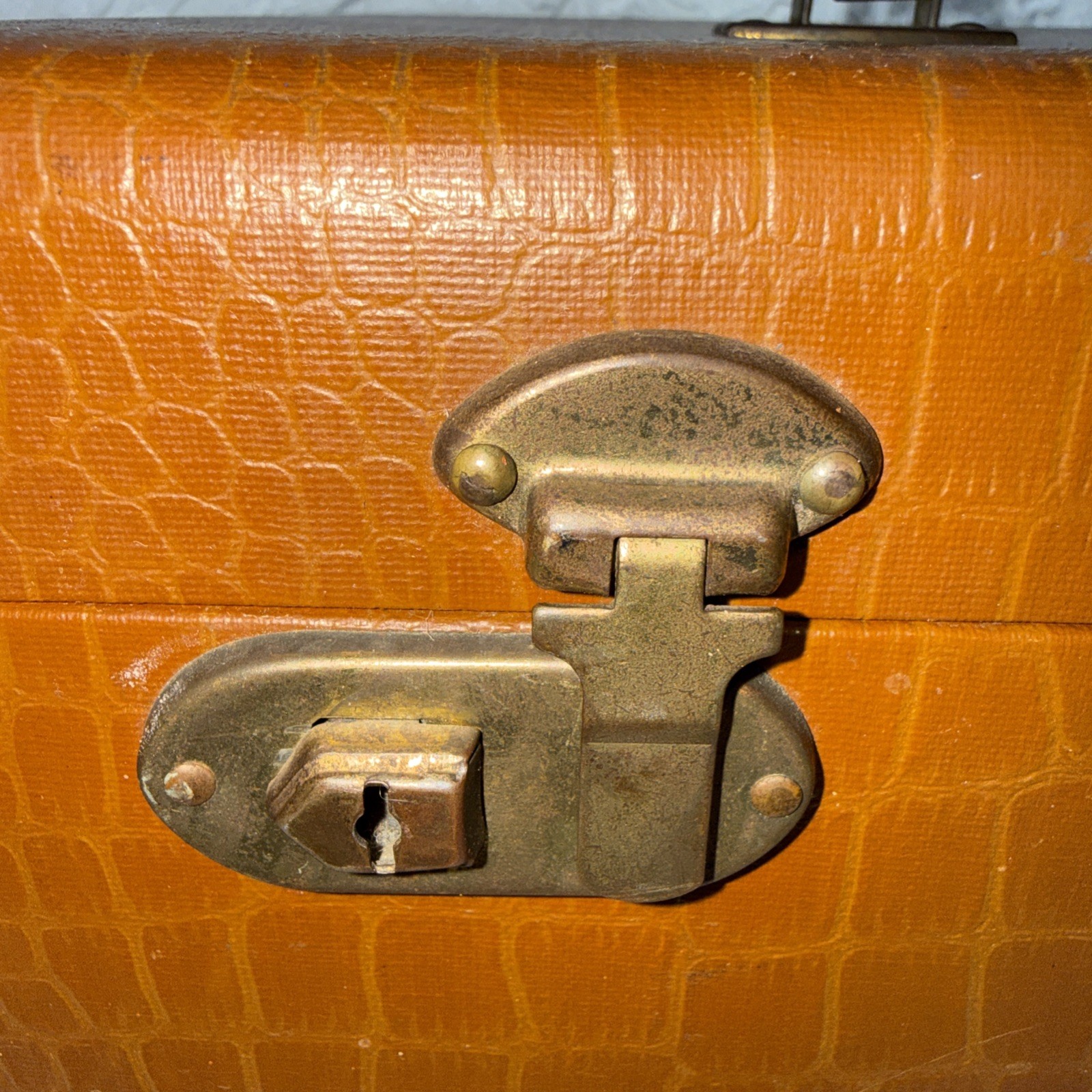 Vintage 50’s 60’s 13” Lucite Handle Brass Travel/Storage Case Faux Alligator