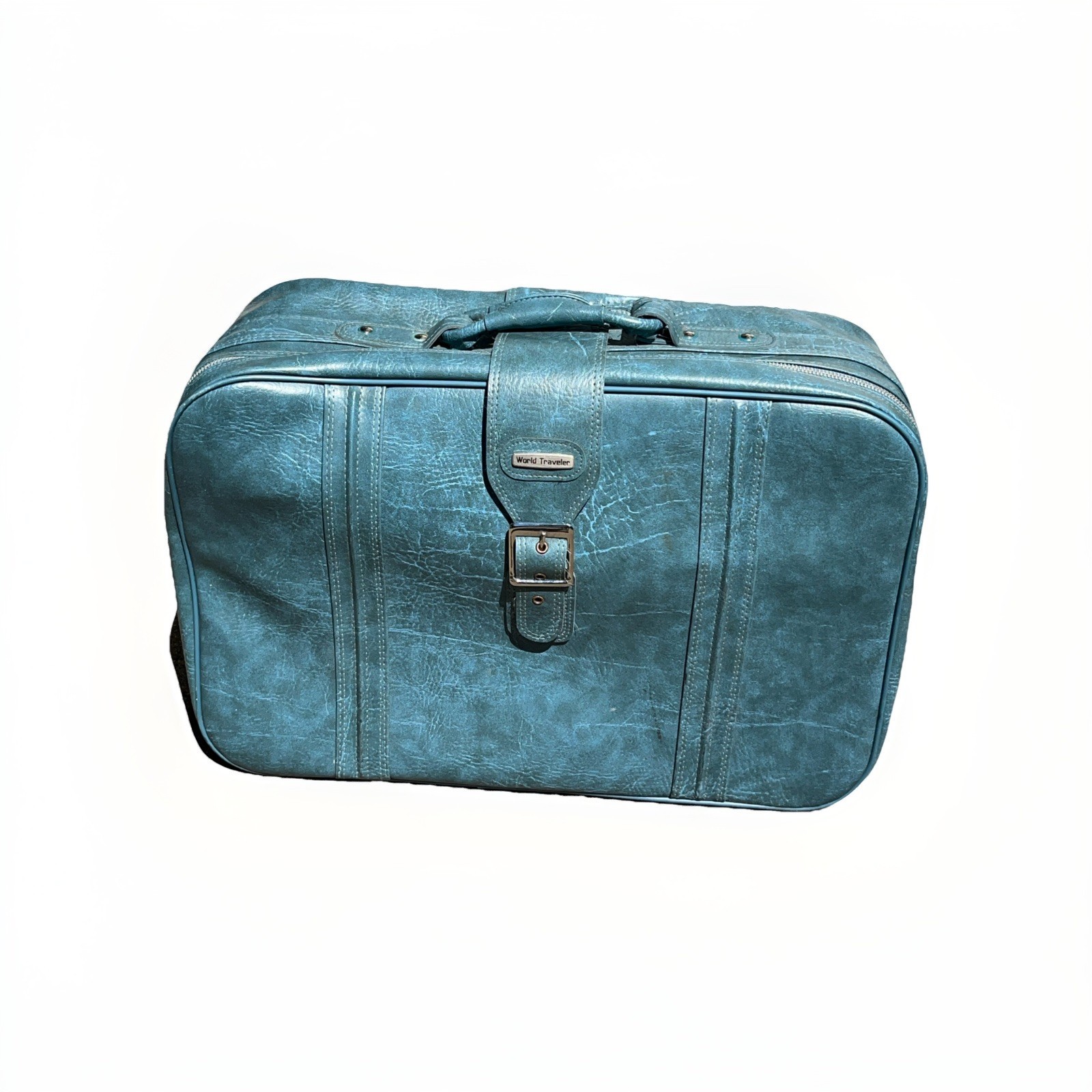 Rare Vtg 1970’s 24” Blue Faux Leather Suitcase by World Traveler – See Desc.