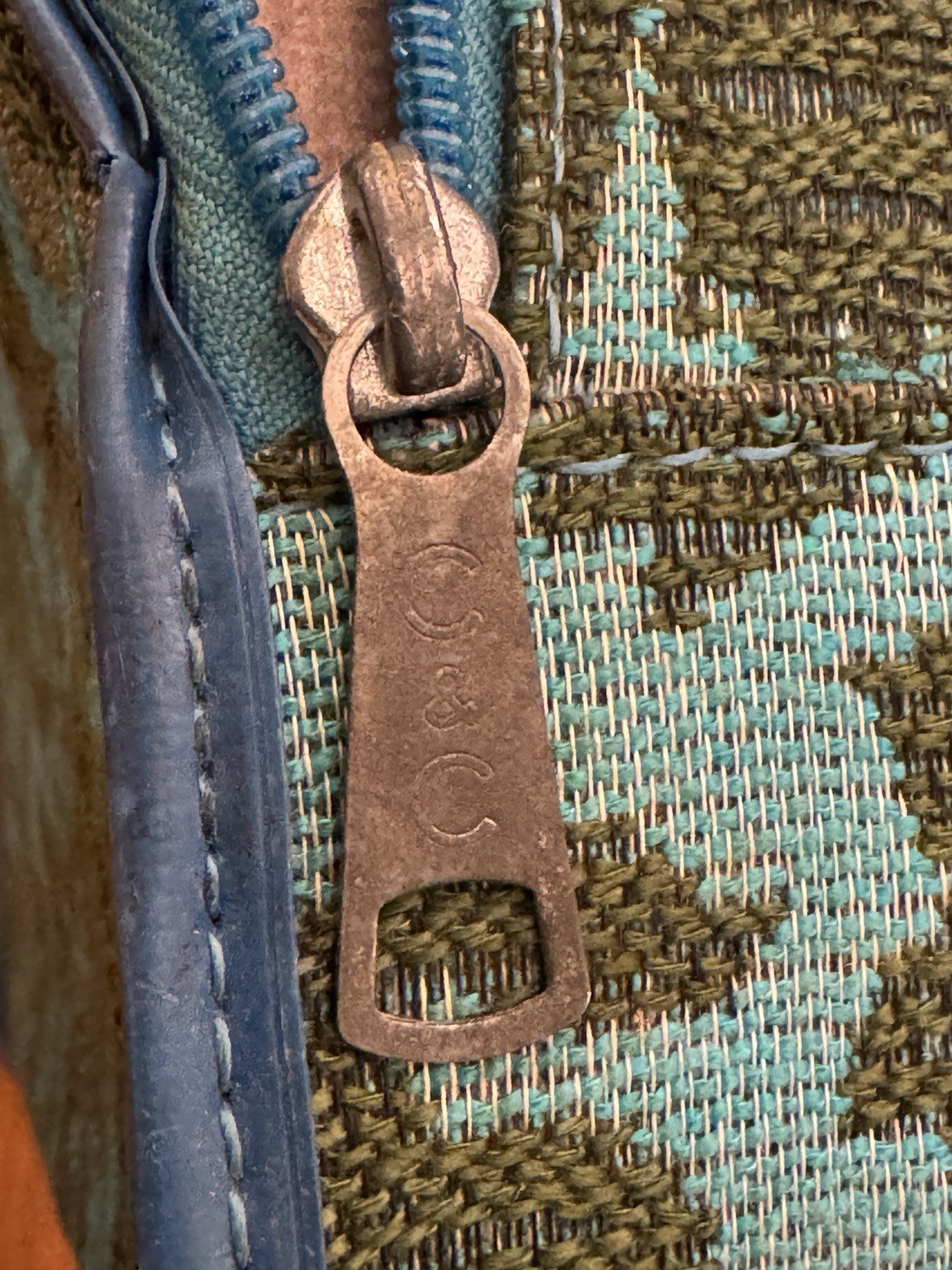 1960s tapestry suitcase travel bag By Avon blue green teal woven floral retro