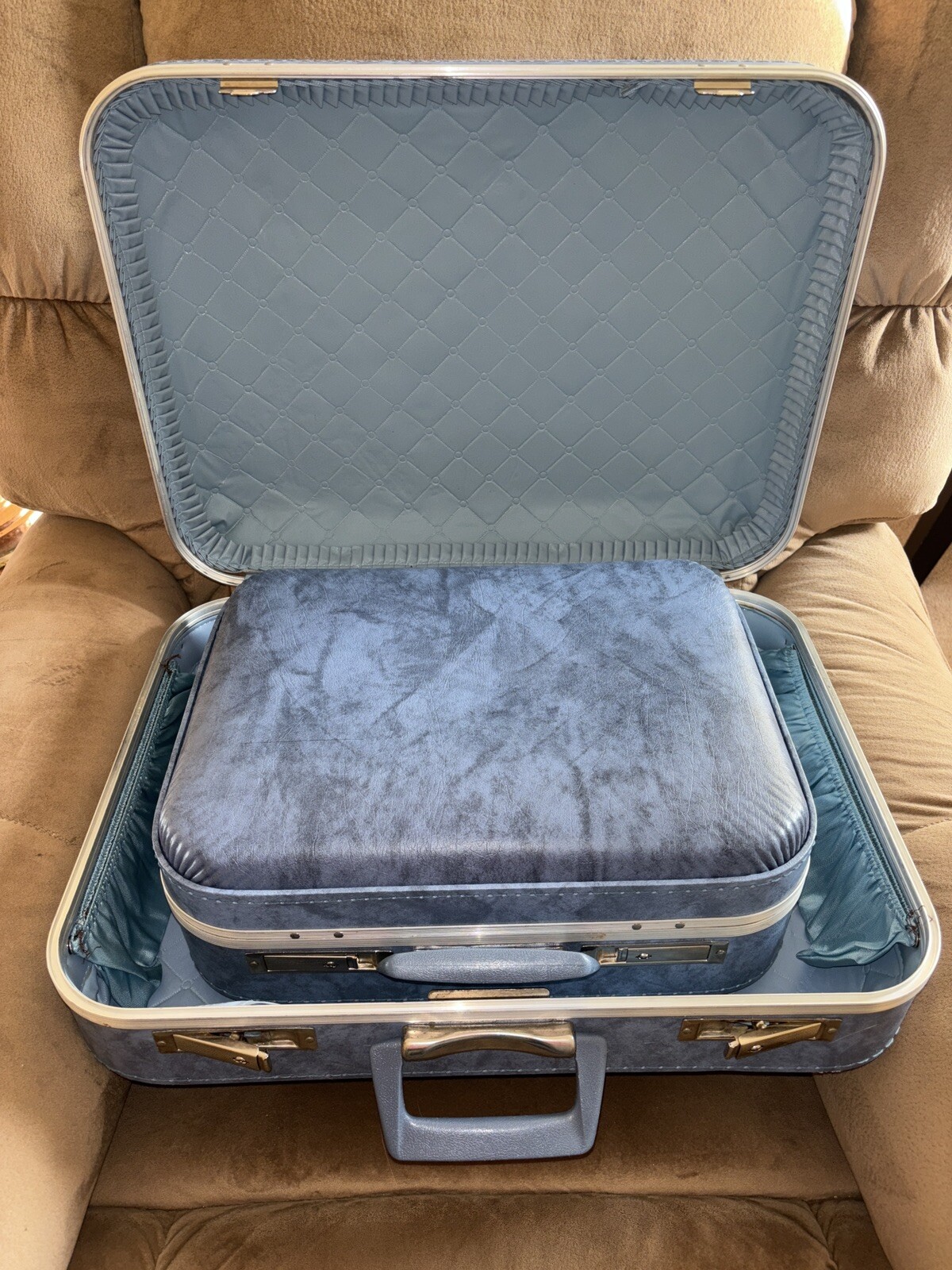 Vintage Scovill Blue Marble 4 Piece Luggage Suitcase Overnight Bags Shave Bag