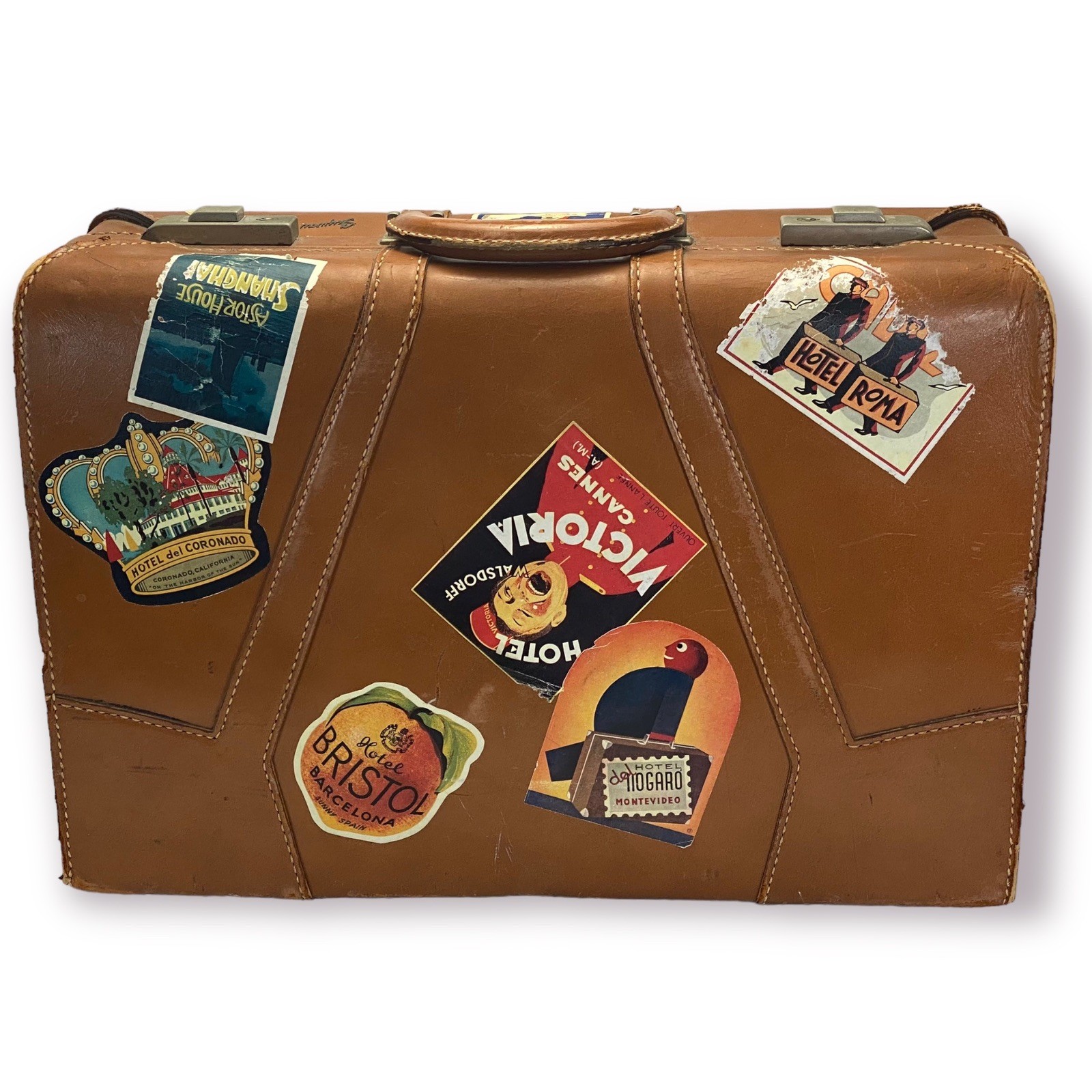 Vtg Skyway Suitcase w Travel/ Luggage Labels: Hotel Victora Cannes, Paris Ritz