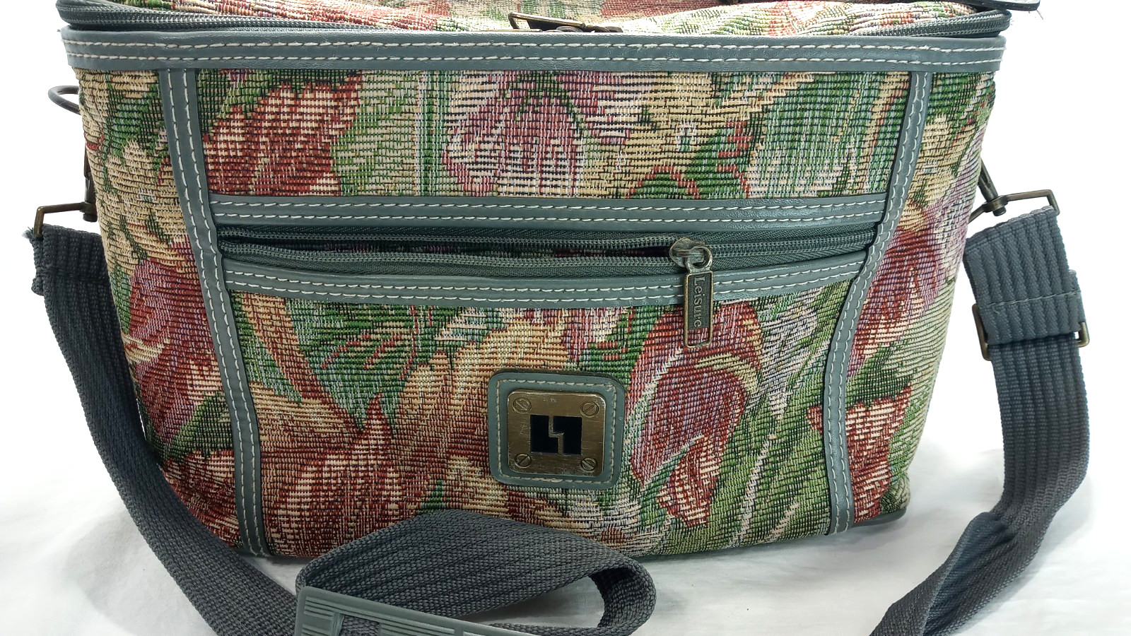 Vintage 80s LIESURE Vanity Train Case Cosmetic Bag Green Floral Tapestry Fabric