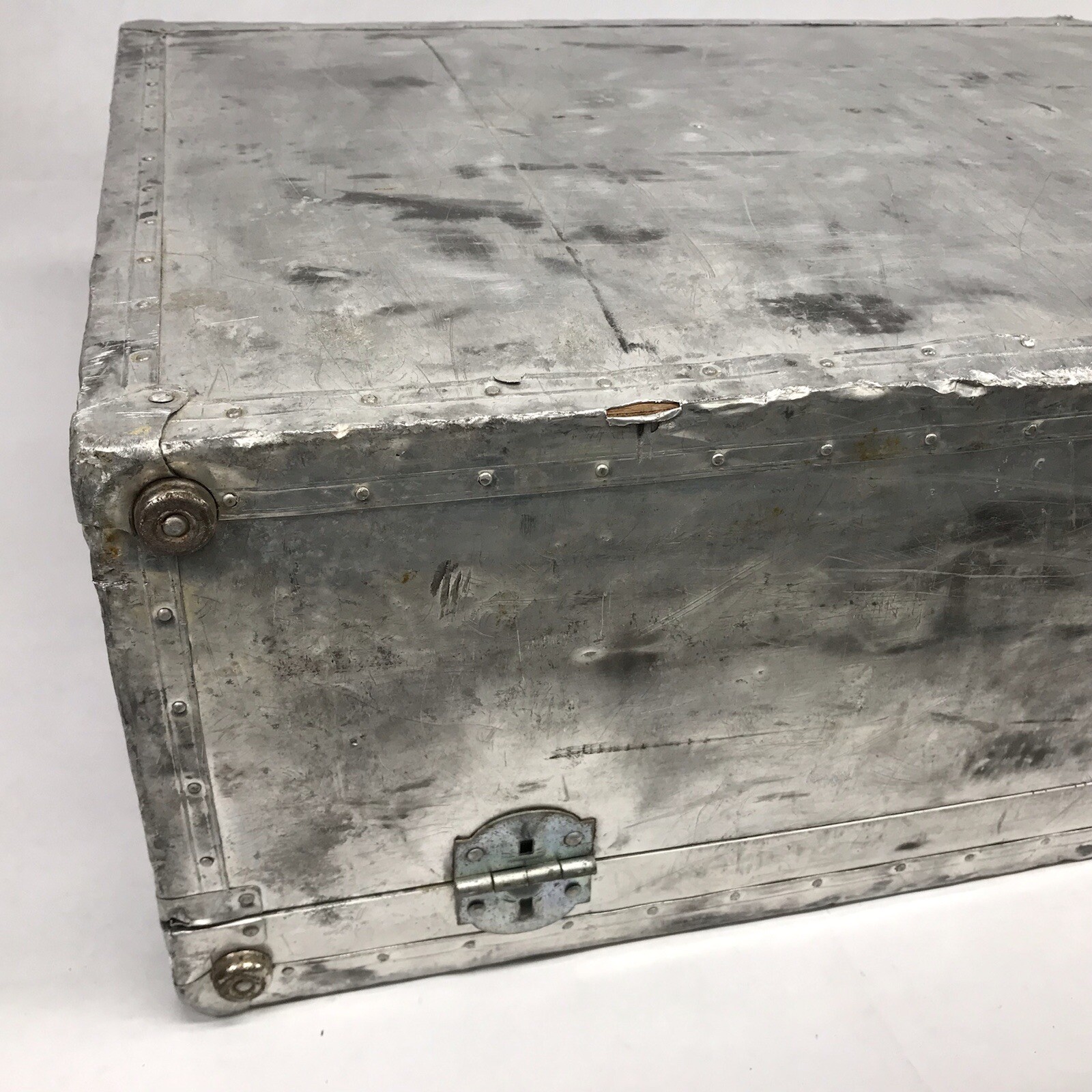 Vintage 40s Aluminum Suitcase Aviation Riveted Metal Luggage 26.25”x16”x8.5″