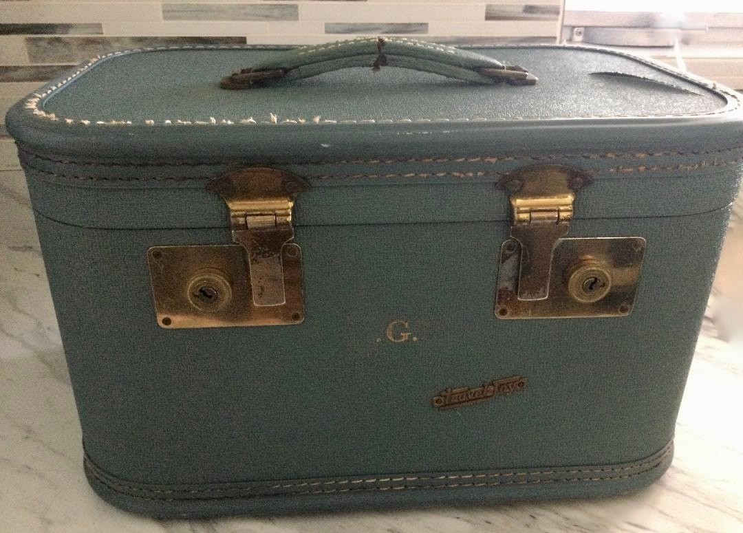Vintage Blue Travel Joy Train Case with Brass Hardware, No Key, Some Damage