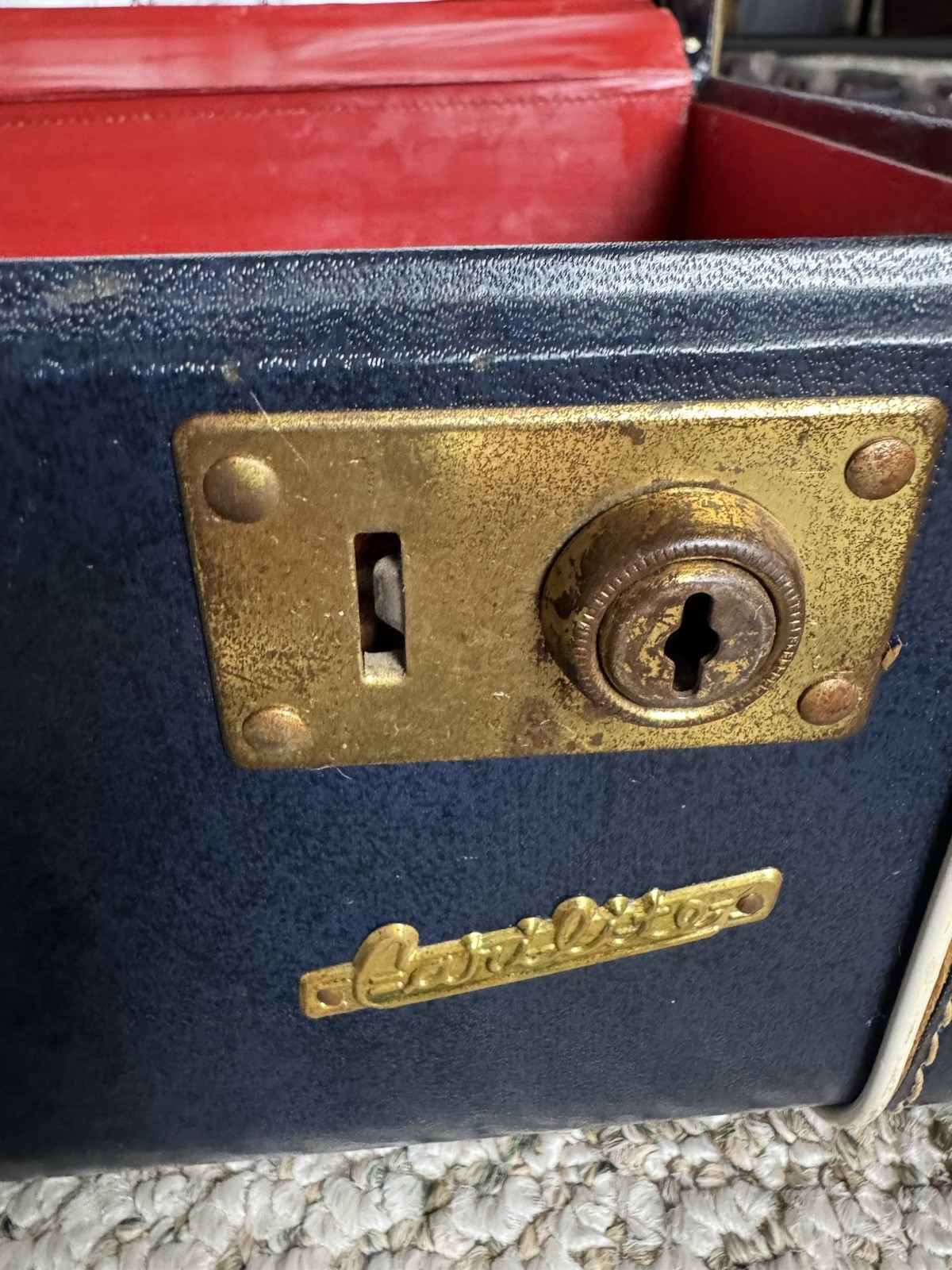 Car-Lite Vintage Hard Vanity Case Navy Blue Lock Key Brass Hardware