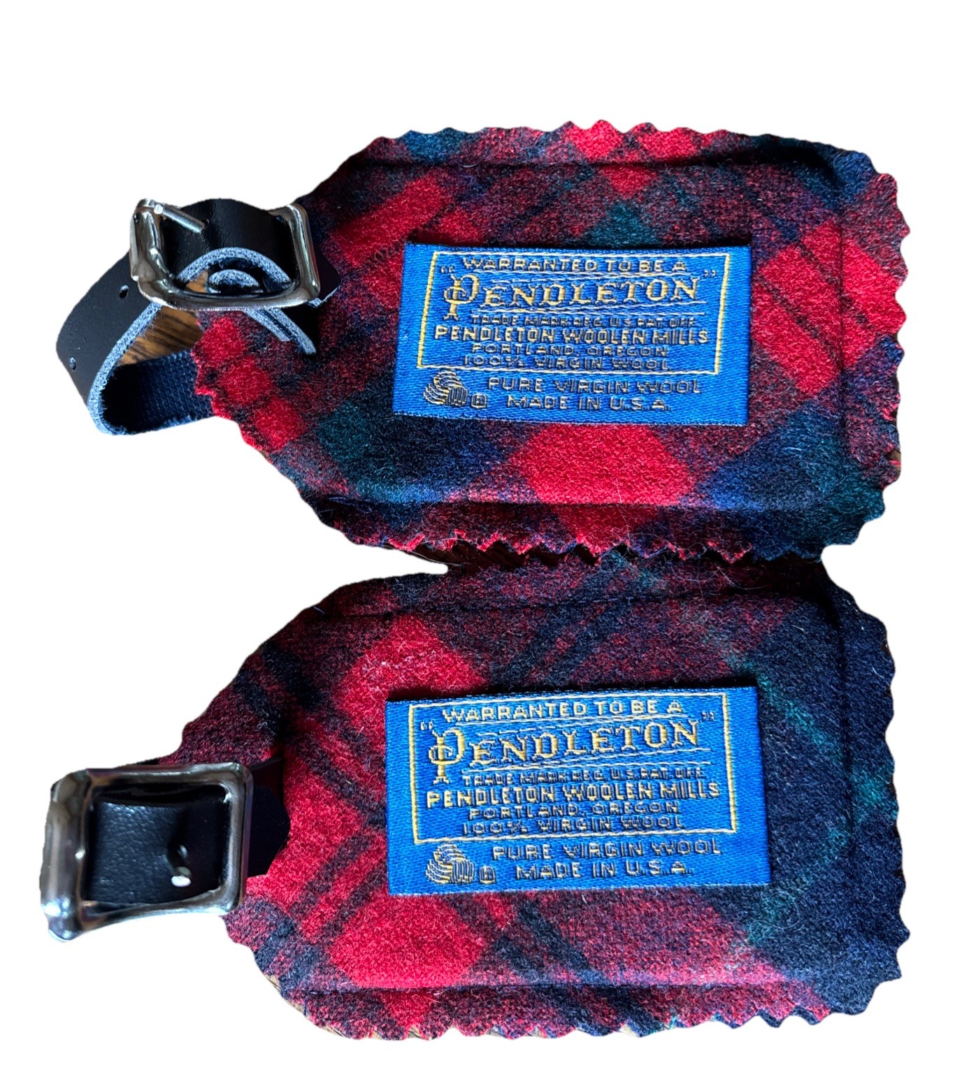 VTG Pendleton ID Tags Tartan Wool Red Plaid Luggage Pair Leather Buckle Handmade
