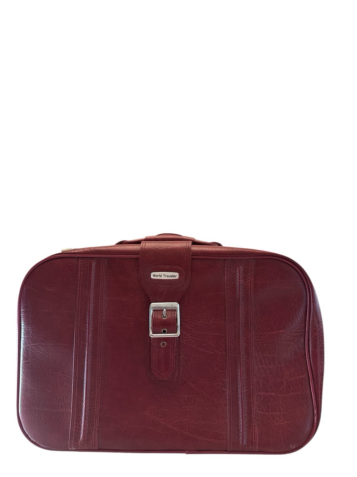 Vintage World Traveler Burgundy Faux Red Leather Luggage Bag Mid Cent Decor Prop