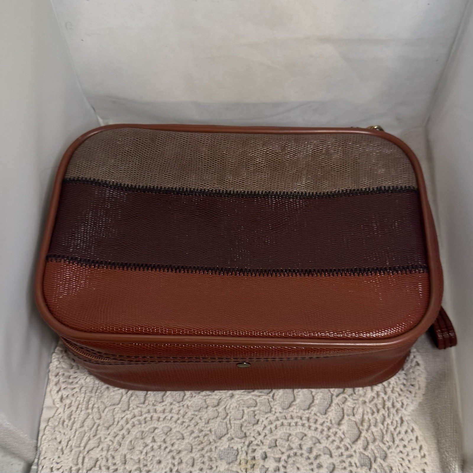 Vintage Travel Toiletry Case 3-Color Horizontal Stripes Zip Closure Textured
