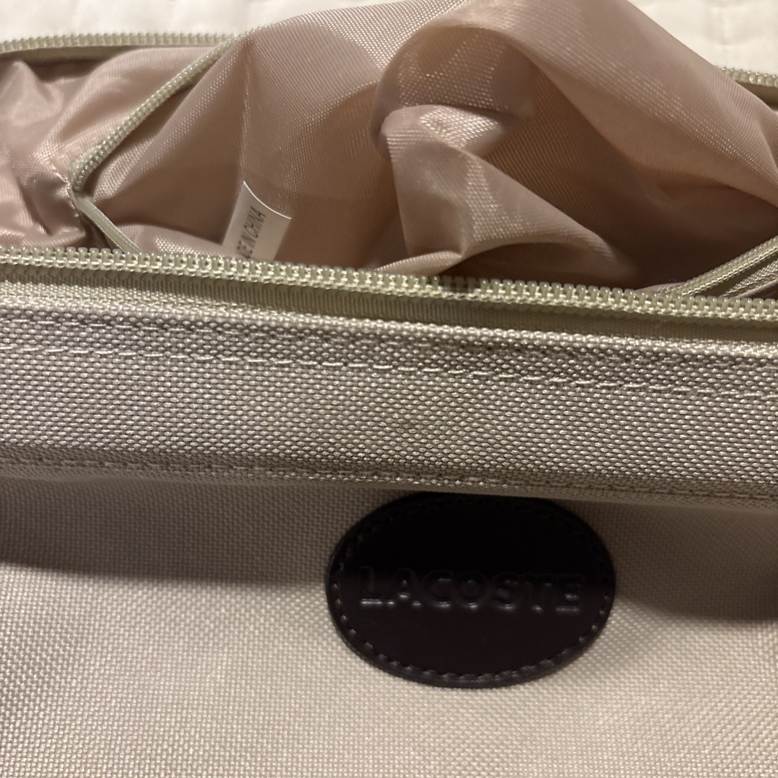 Lacoste Toiletry Cosmetics Bag Full Zip Tan Beige inner zipper/pocket