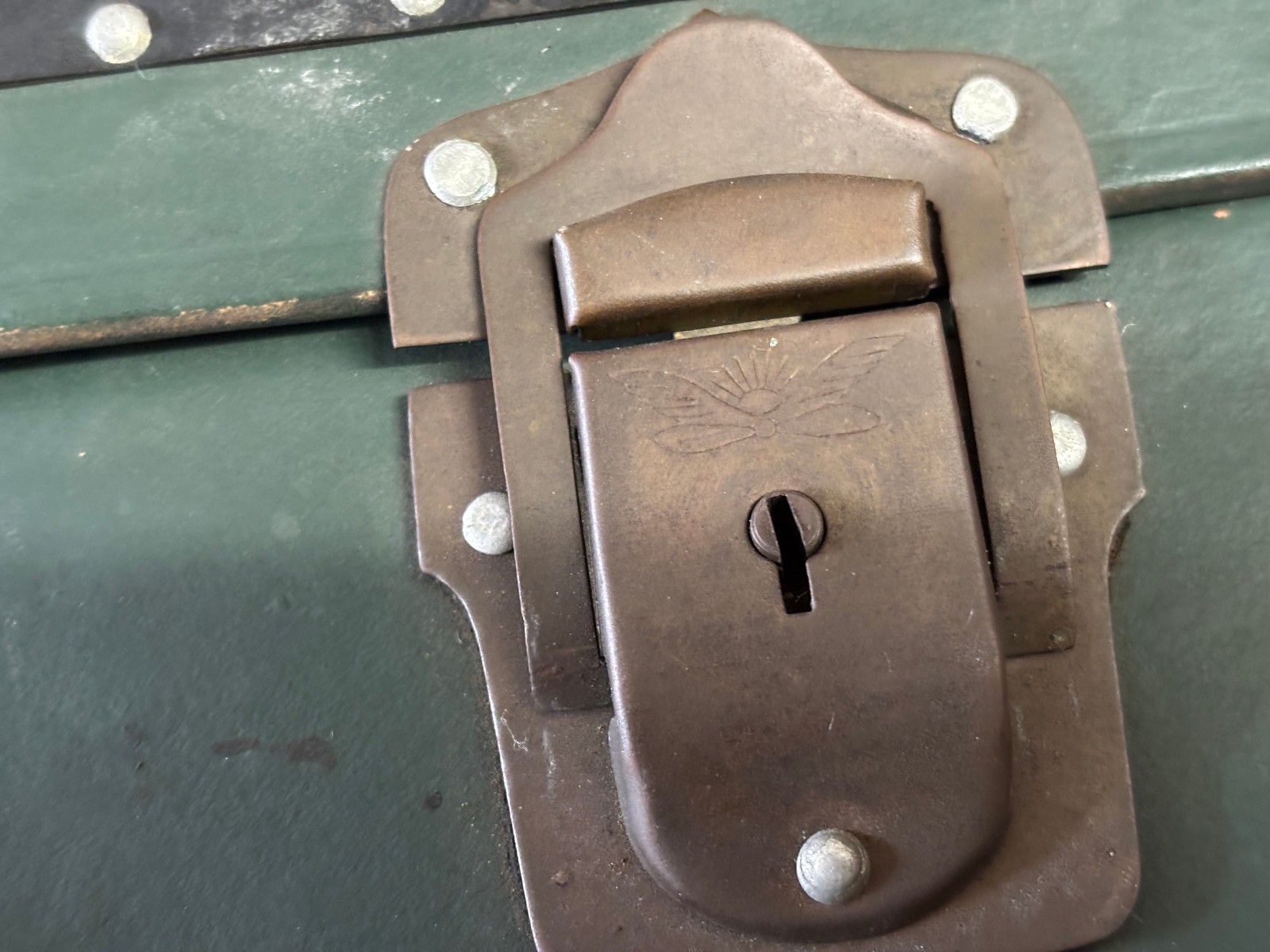 Antique Suitcase Riveted Binding Brass Hardware 1920’s Heritage Green & Black