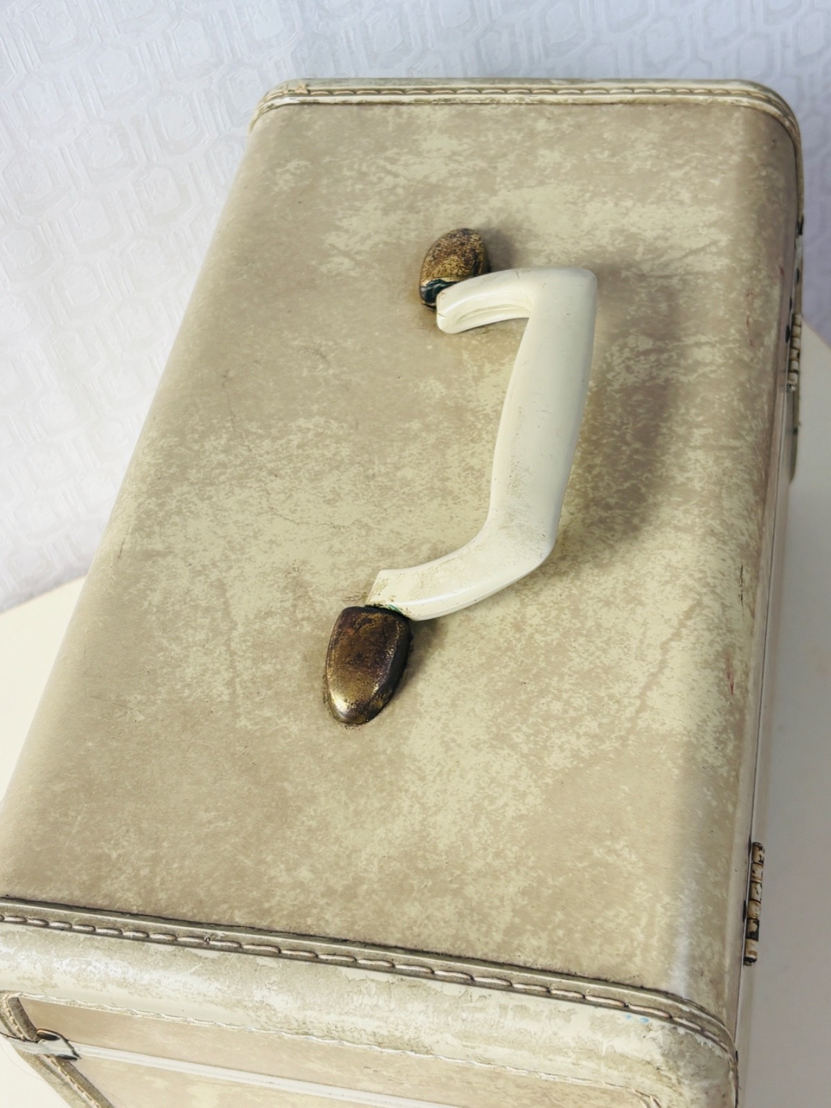 VTG SAMSONITE NATURAL RAWHIDE MARBLE HARD VANITY SUITCASE TRAIN CASE MAKE-UP BAG