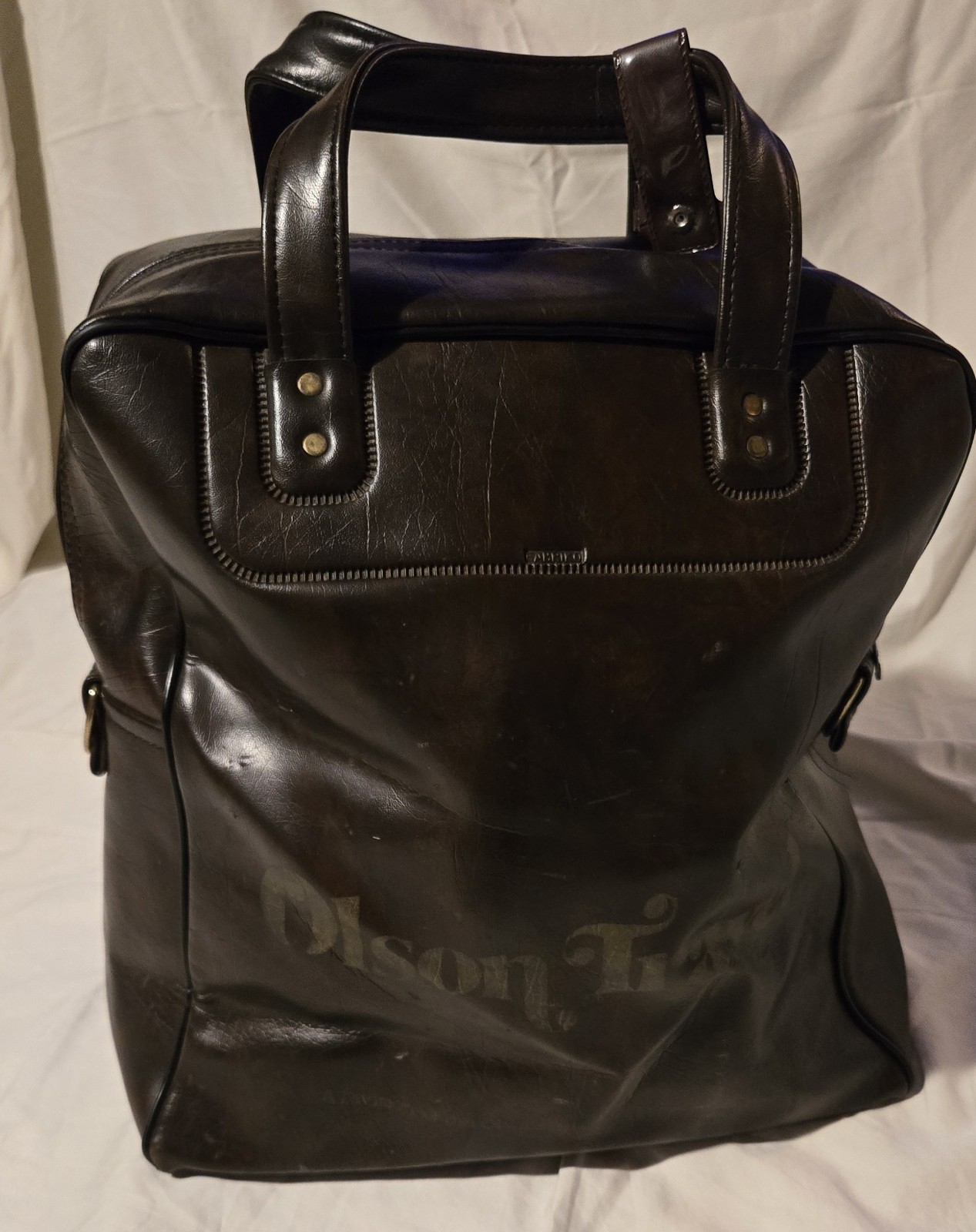 Vintage 1980s OLSON TRAVEL Overnight Bag. Brown Faux Leather Carry On Handles