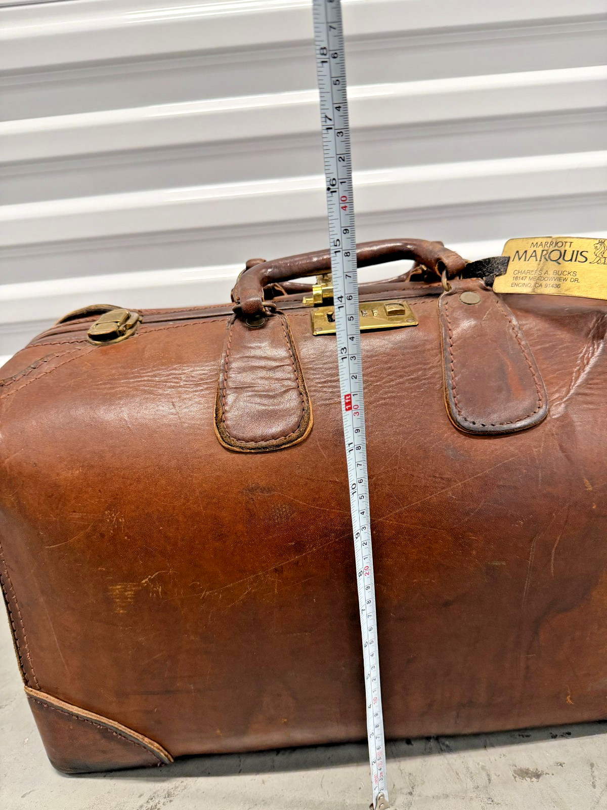 Vintage Leather Suitcase – Marriott Marquis Luggage Tag – Heavy Leather Travel C