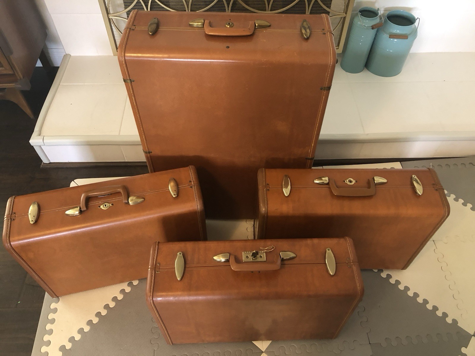 Vintage Samsonite 1940s art deco midcentiry Hard Case cognac Leather Luggage Set