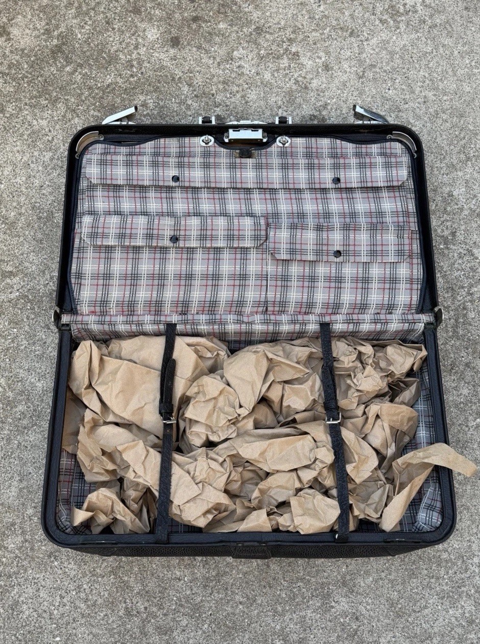 Vintage 1920s Dresner Top Grain Cowhide Suitcase – Patented 1921 – Plaid Liner