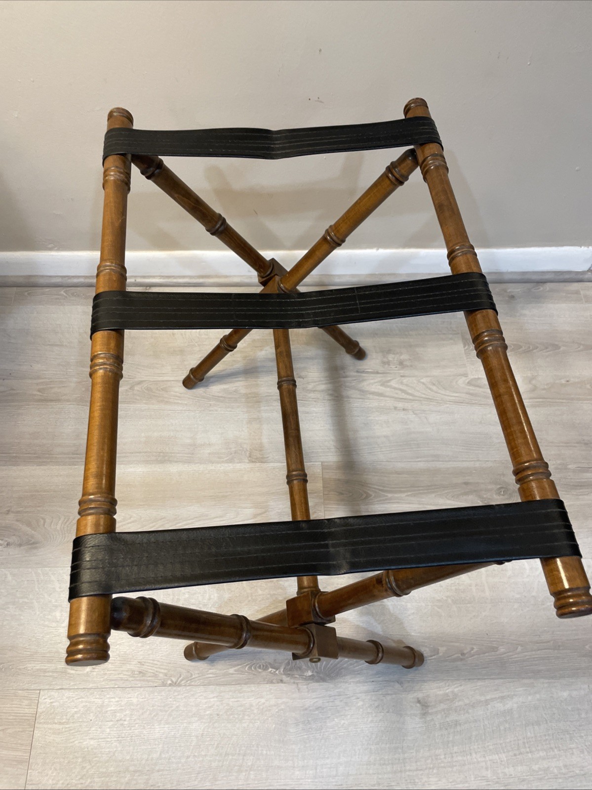 VTG Wood Bamboo Style Luggage Rack Mid Century Hollywood Regency Folding Stand