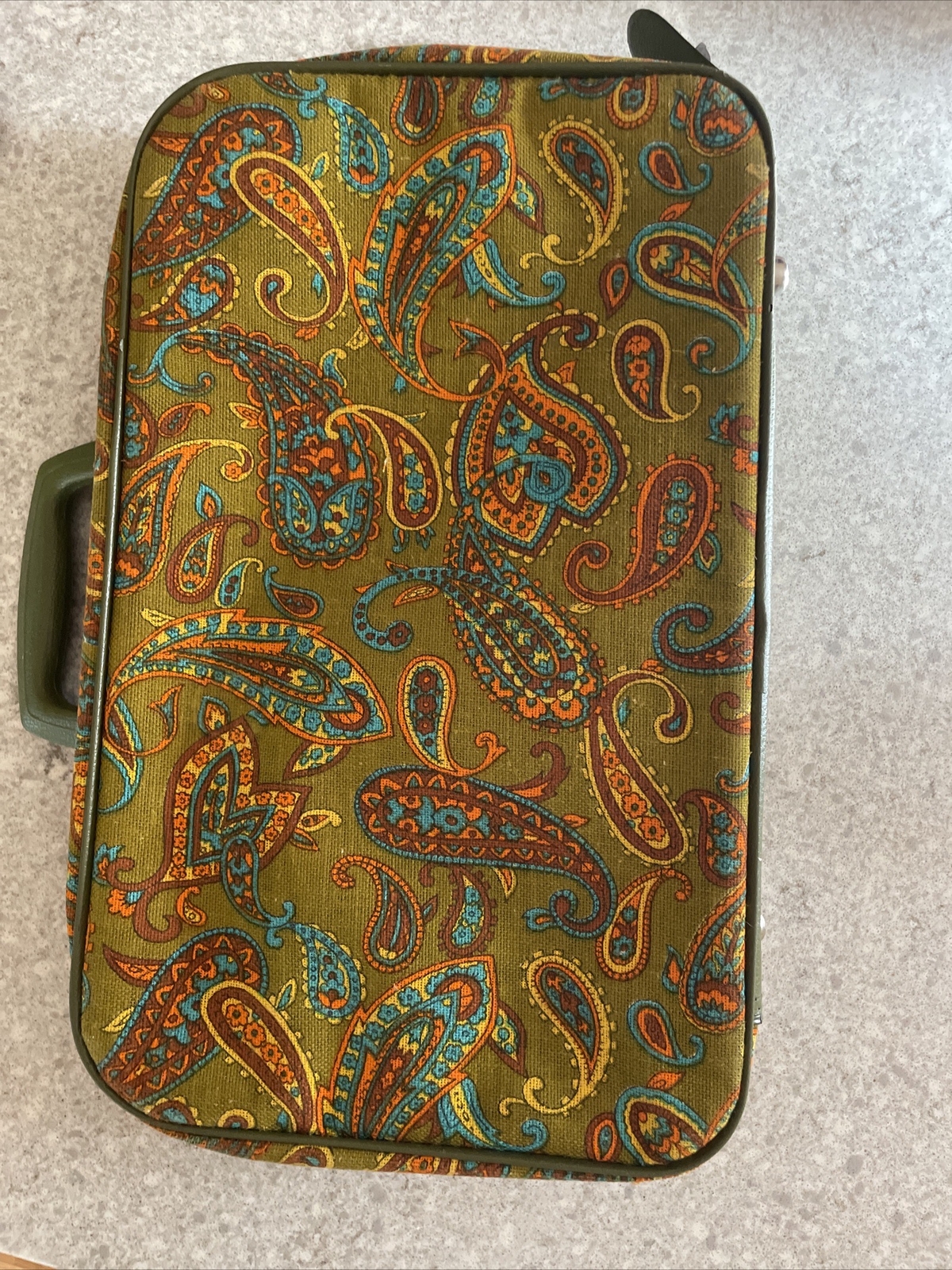 VTG 1970s Bantam Travelware Mod Suitcase Unique Paisley Canvas Olive Green FUN
