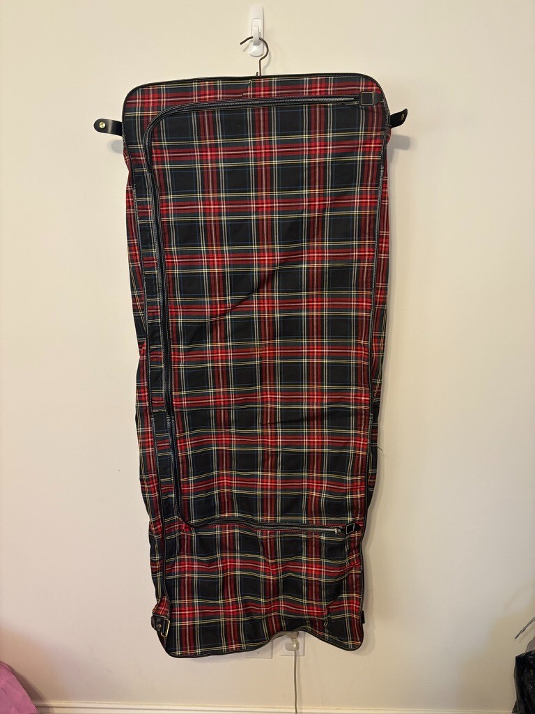 Vintage Tartan Plaid Hanging Suit Garment Bag – Leather Handle Original Hardware