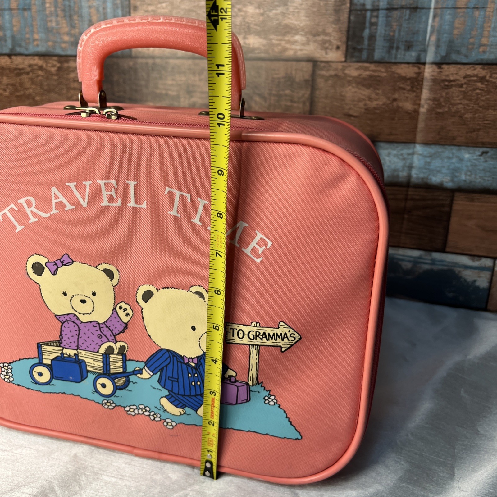 Vintage GOING TO GRANDMA’S Pink 1980s Childs Vinyl Suitcase Travel Carry On