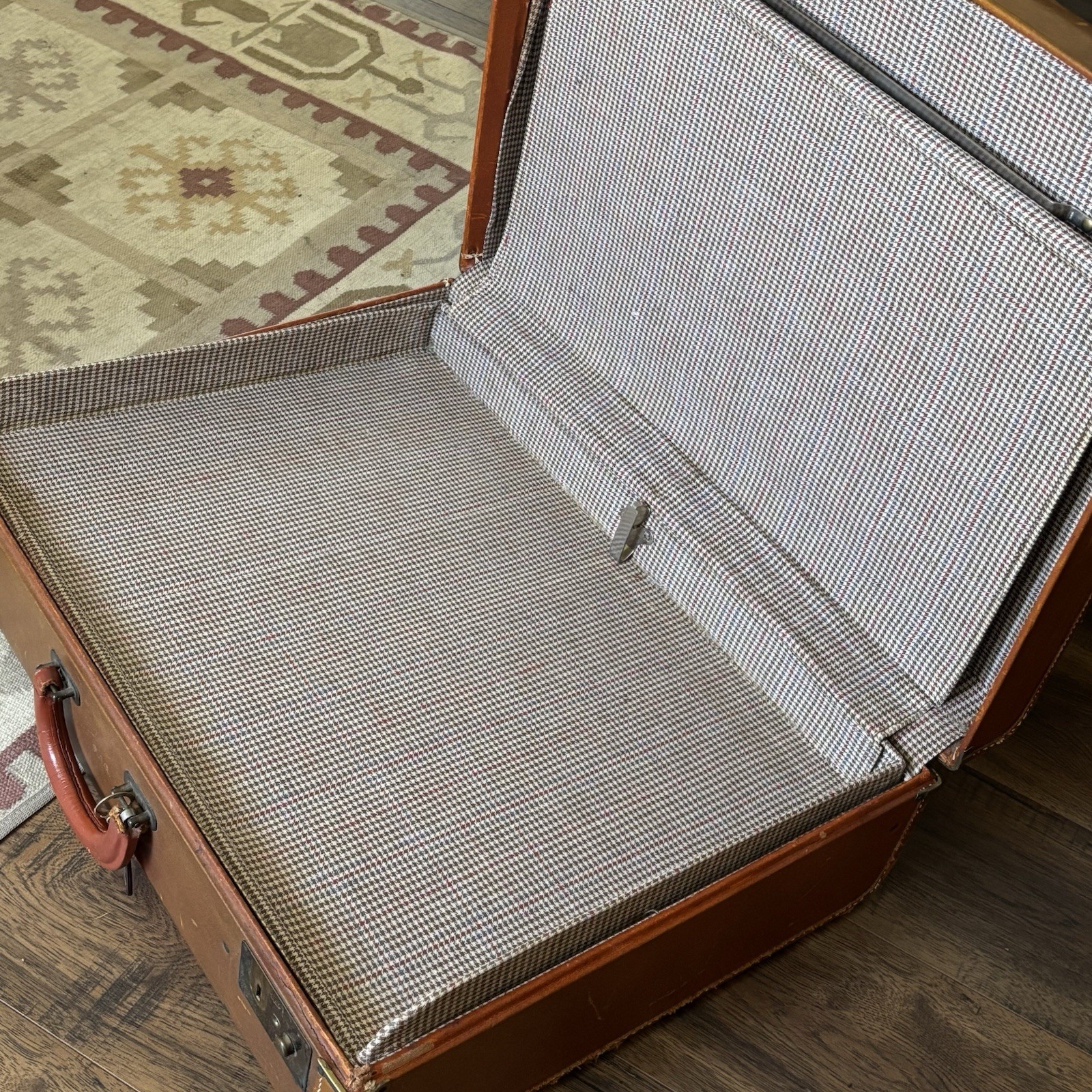 1940s Genuine Cowhide Leather Suitcase Tweed Interior Designer Prop Luggage ￼￼