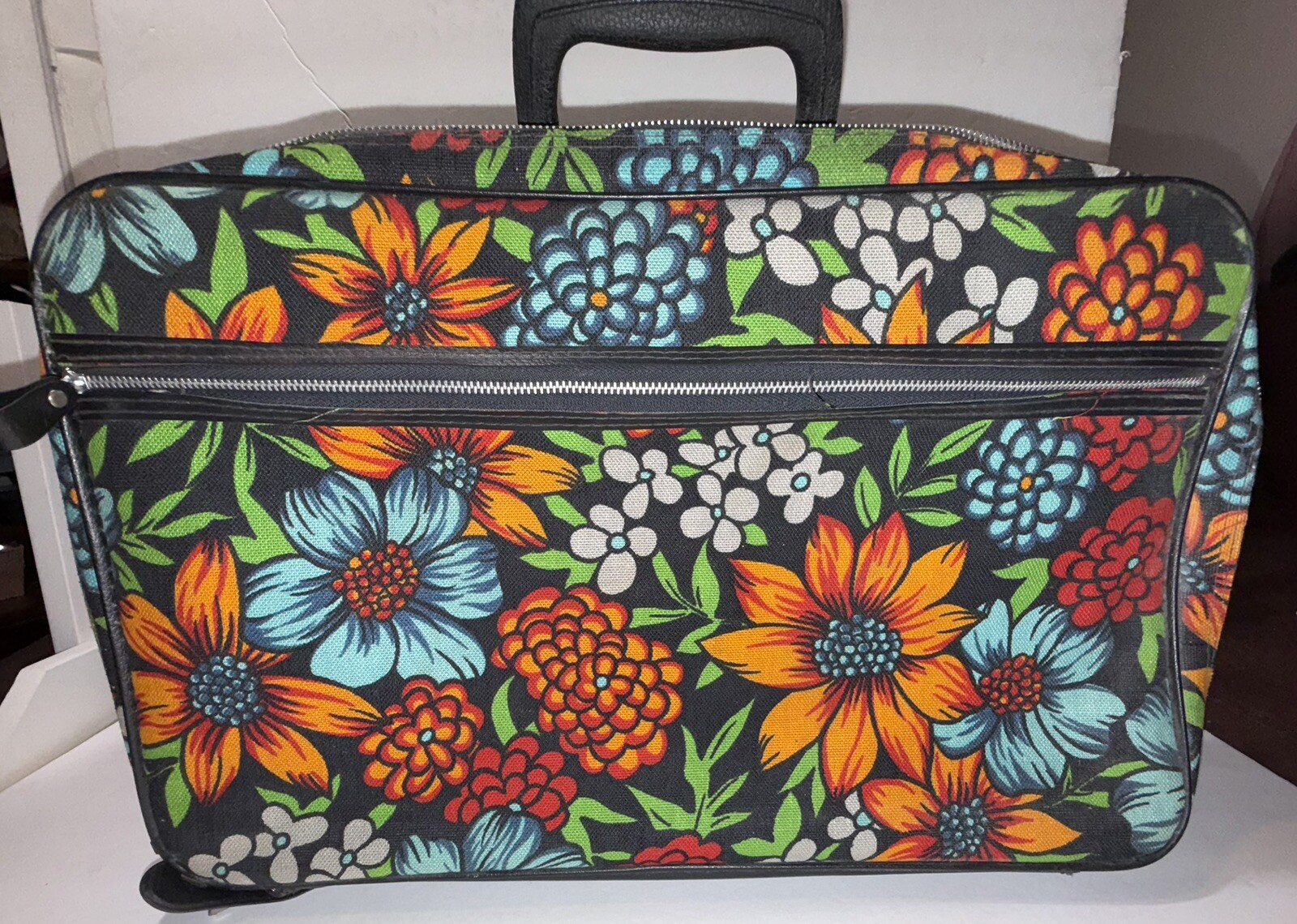 VTG 1970s Suitcase Bantam Travelware Blue Black Floral Travel Bag Key Childs