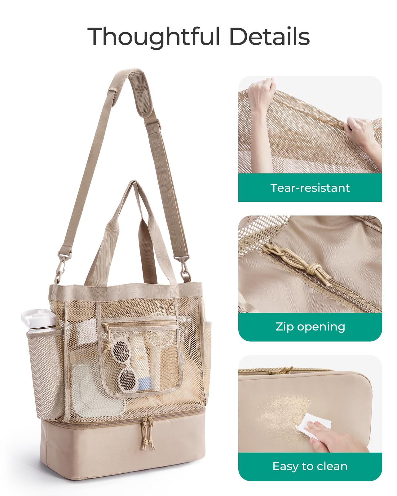 Bagsmart Beach Bag For Women Mesh Tote Bags Zipper Sandproof Vacation