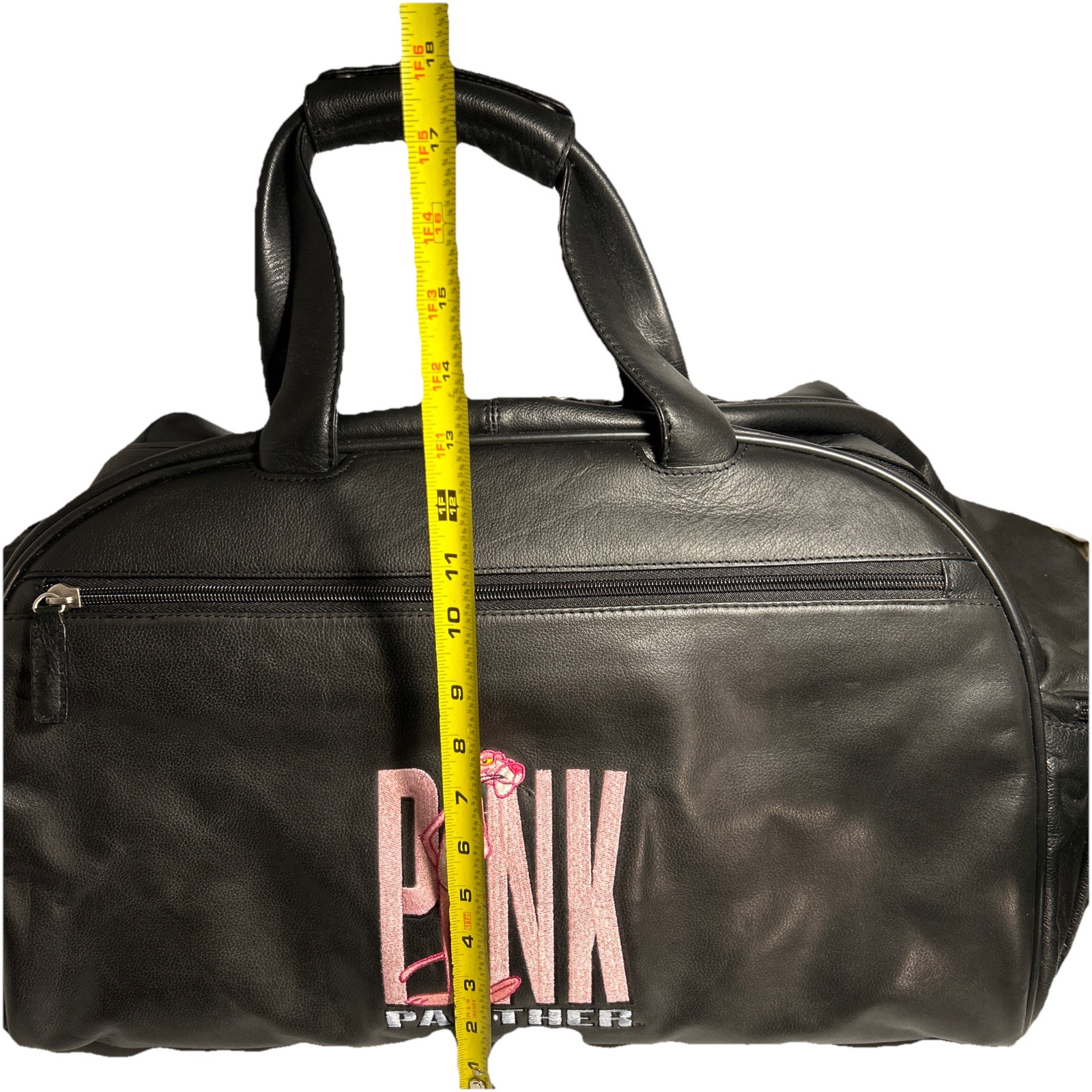 Vintage 1990’s Large Pink Panther Logo Black Leather Duffle Bag