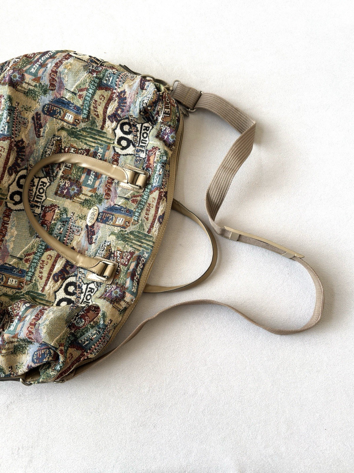 Jade Vintage Route 66 Duffel Weekend Woven Quilt Tapestry Bag