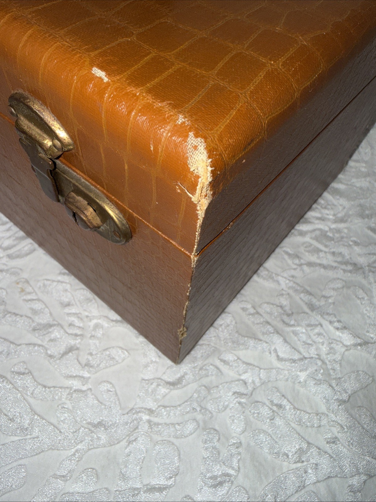 Vintage 50’s 60’s 13” Lucite Handle Brass Travel/Storage Case Faux Alligator