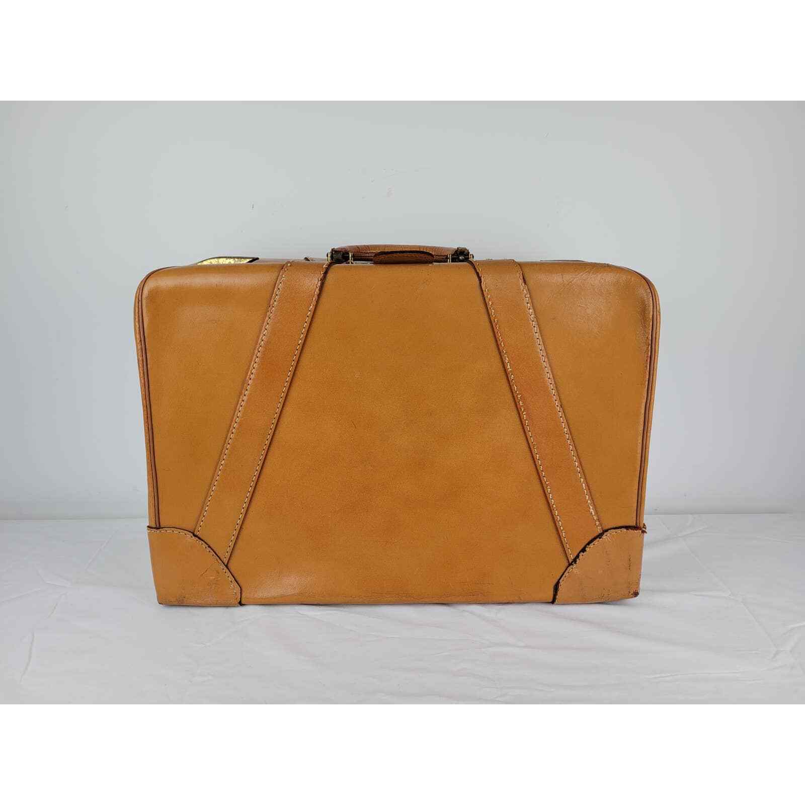 Vintage 1940s Genuine Cowhide Leather Brown Tan Travel Luggage Suitcase Retro