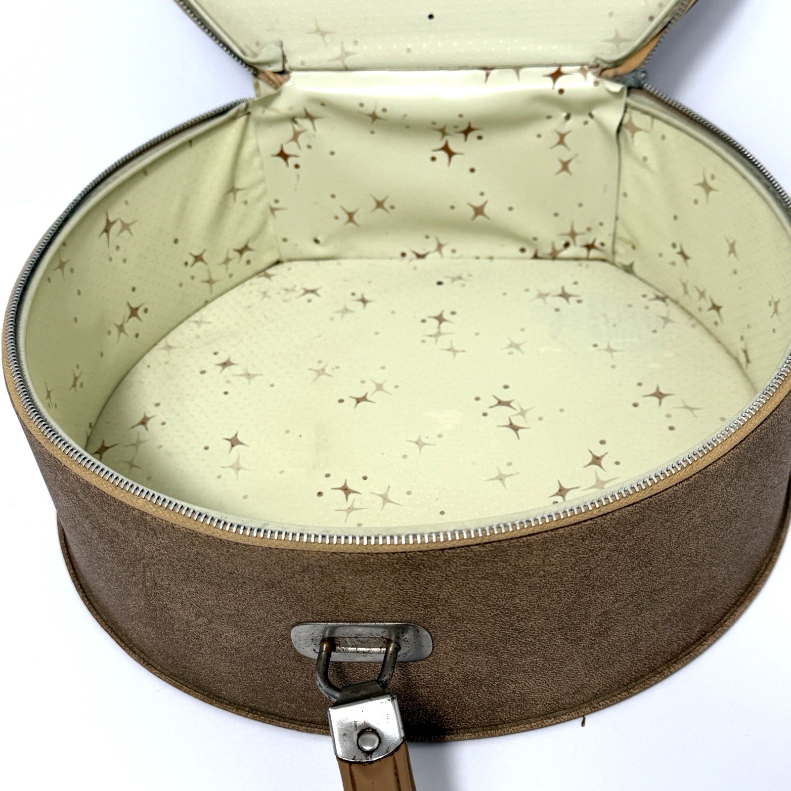 VTG MCM Round Hat Box Atomic Starburst Interior State Zipper Grandmacore