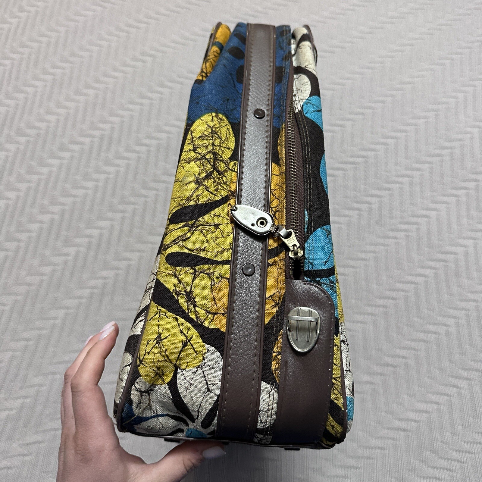 1960s Vintage Bantam Travelware Brown Floral Mod Pattern Suitcase Luggage Japan