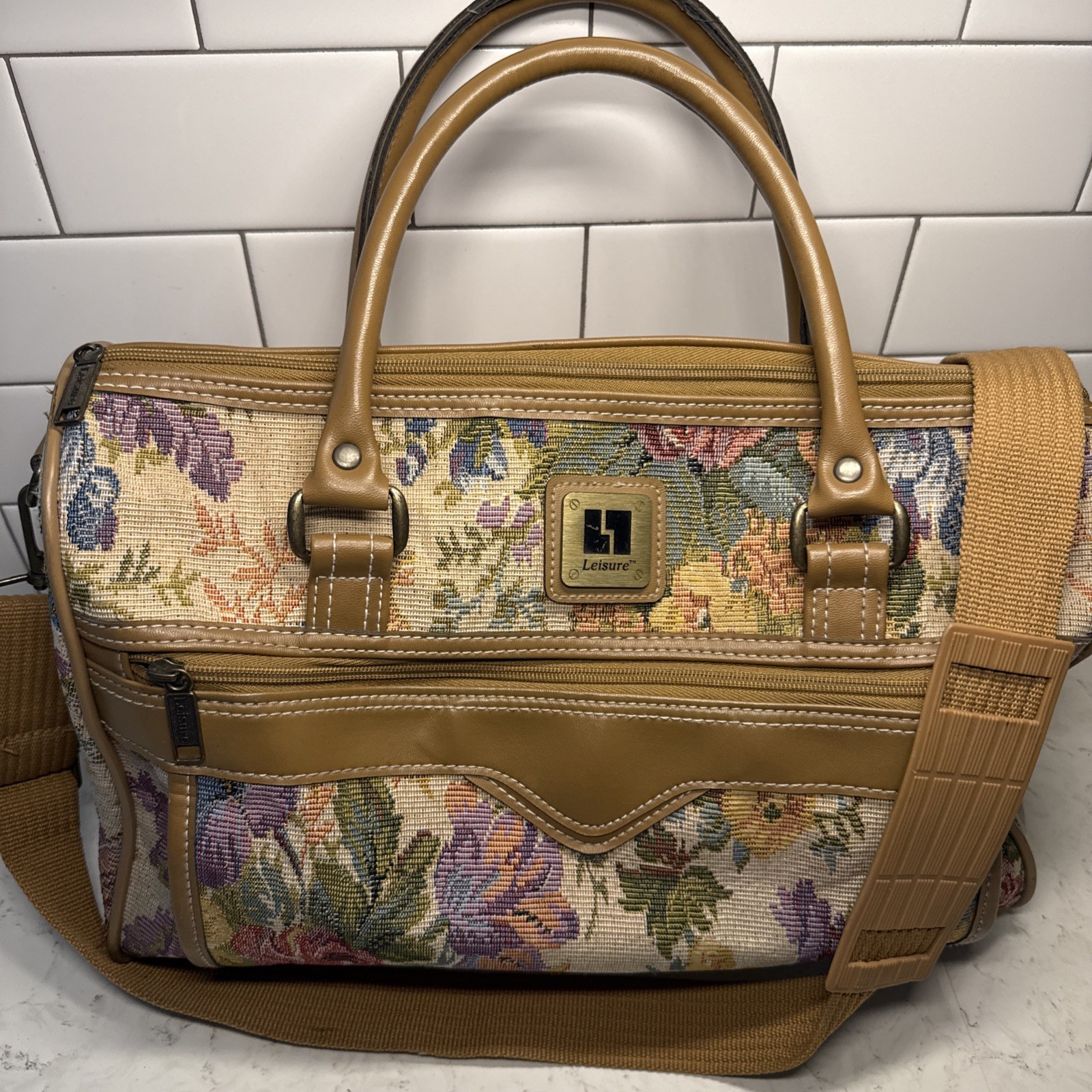 VTG 80s Leisure Luggage Tapestry Beige Floral Carry On Bag Faux Leather Tan Trim