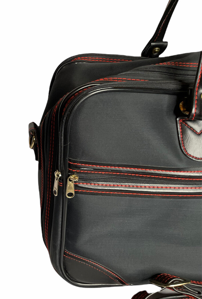 Vintage Sasson Duffel Bag Suitcase Luggage Travel Tote Black Carry On Red Stitch