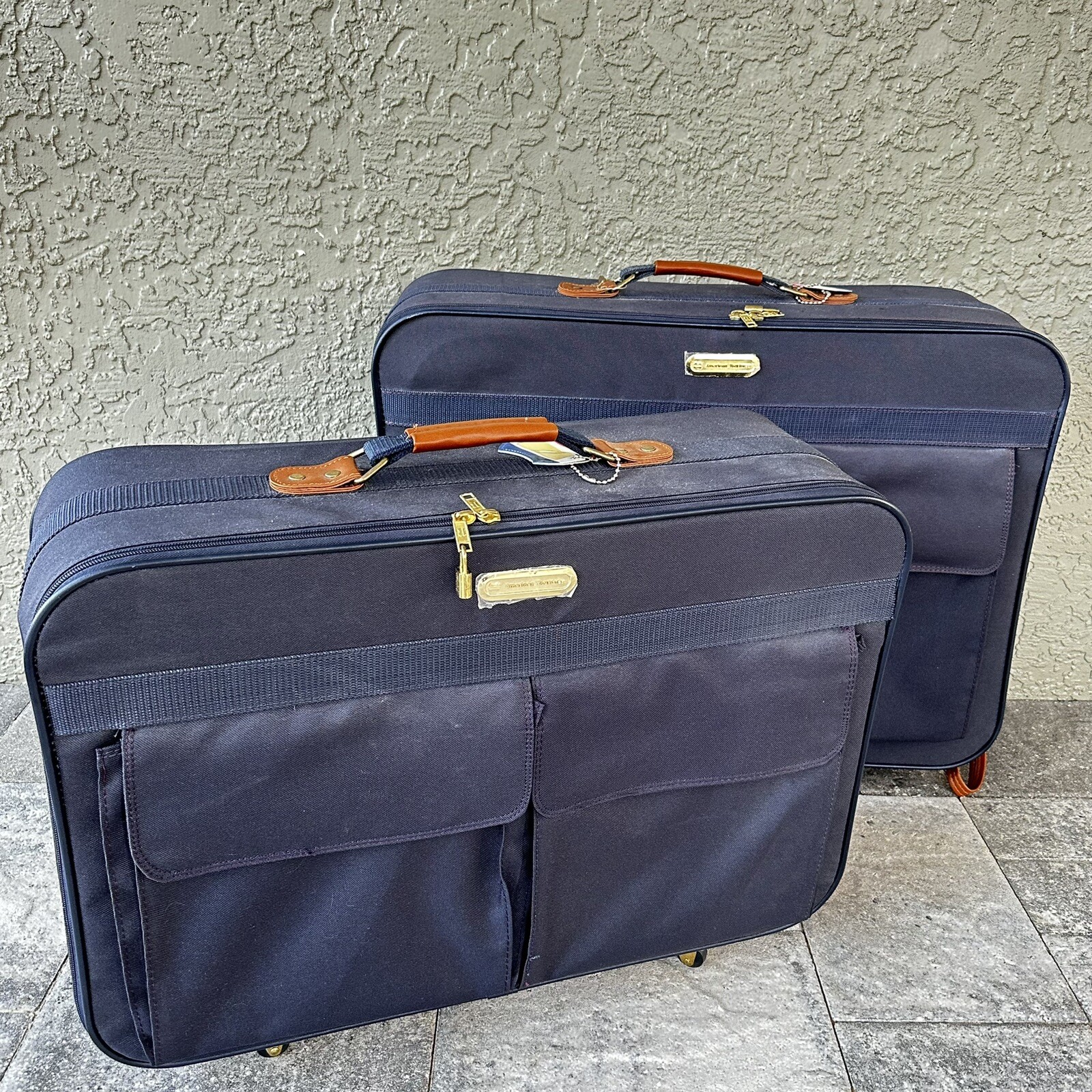 American Tourister 2 Piece Luggage Set Blue/Brown/Gold W/Wheels/Leashes New