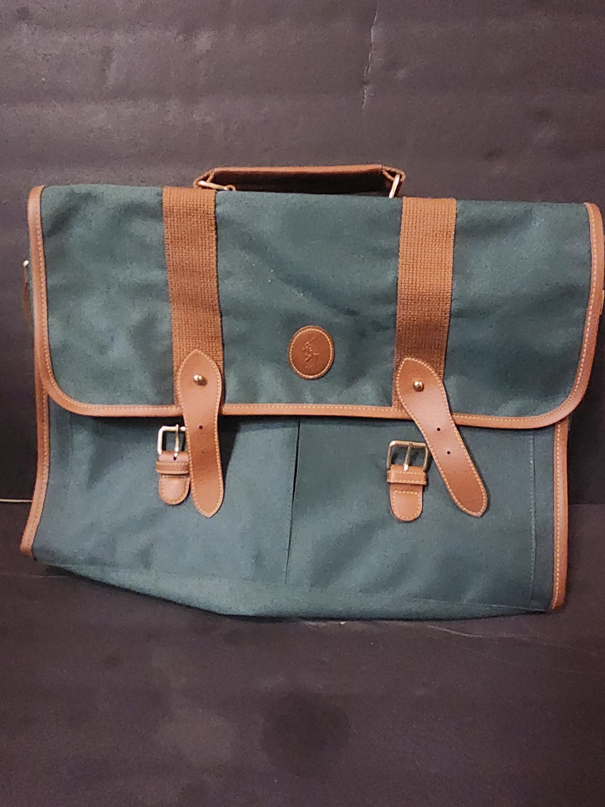 Vtg Polo Ralph Lauren 2pc Travel Bag Set Green Canvas Duffel Messenger Luggage