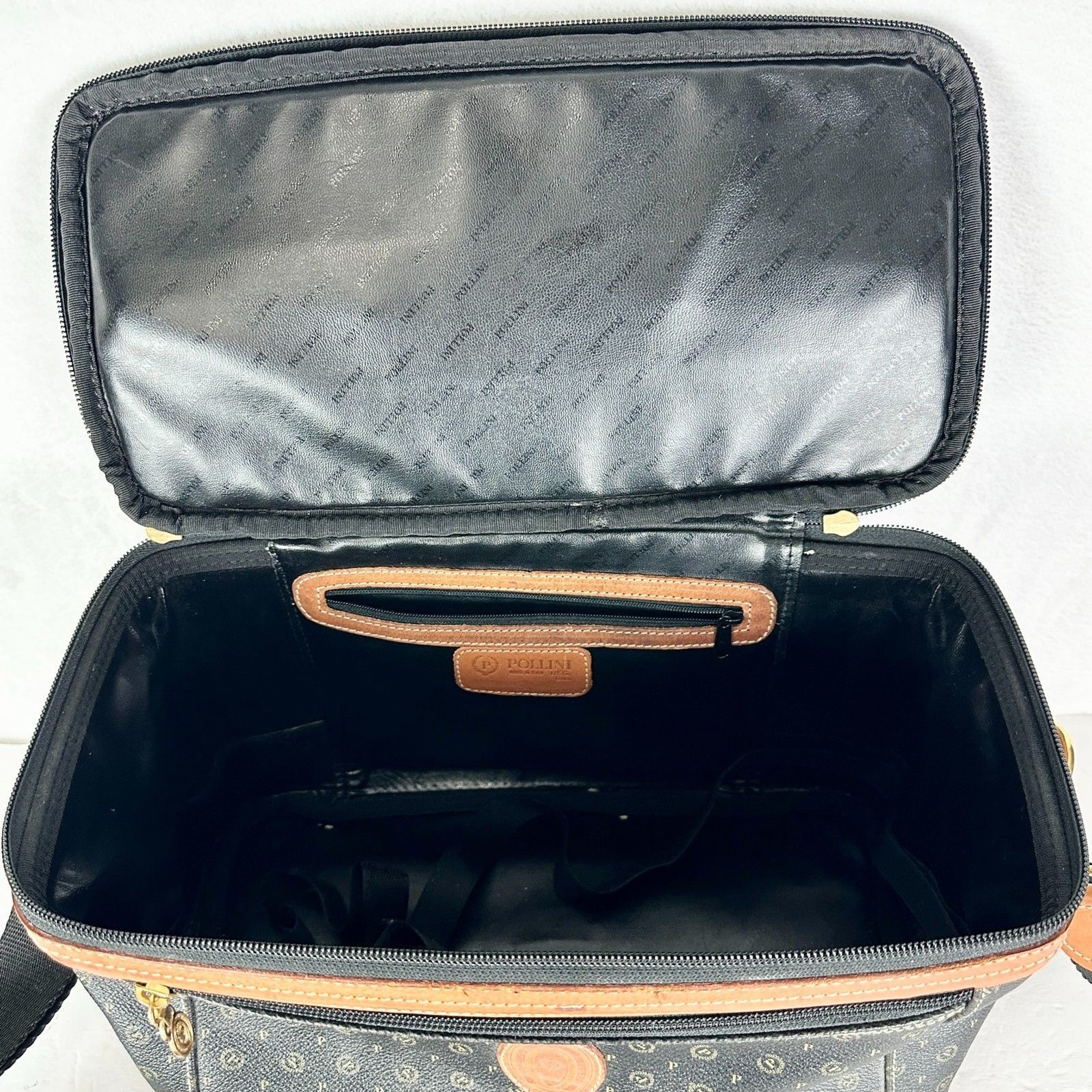 Pollini Vintage Leather Monogram Vanity Case Travel Toiletry Carry On Cosmetic