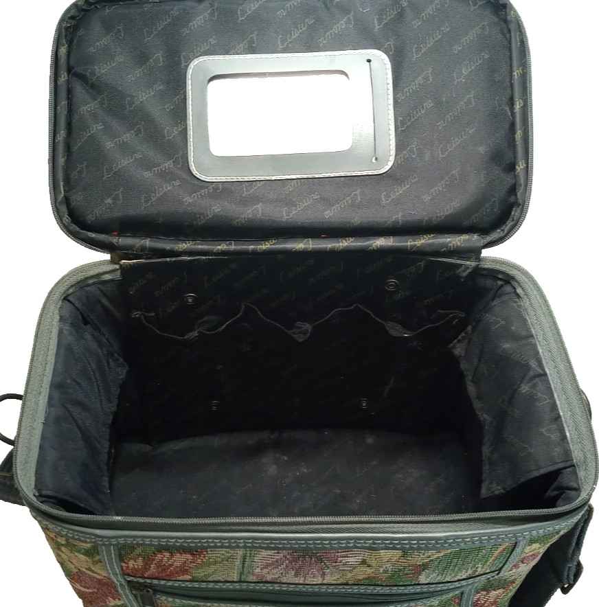 Vintage 80s LIESURE Vanity Train Case Cosmetic Bag Green Floral Tapestry Fabric