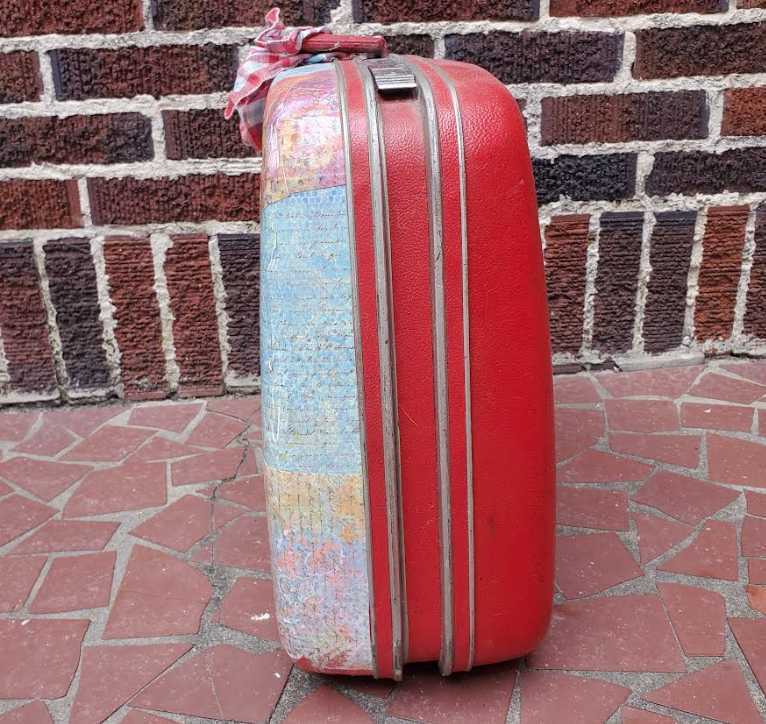 Vintage red Samsonite suitcase with custom paper mache design