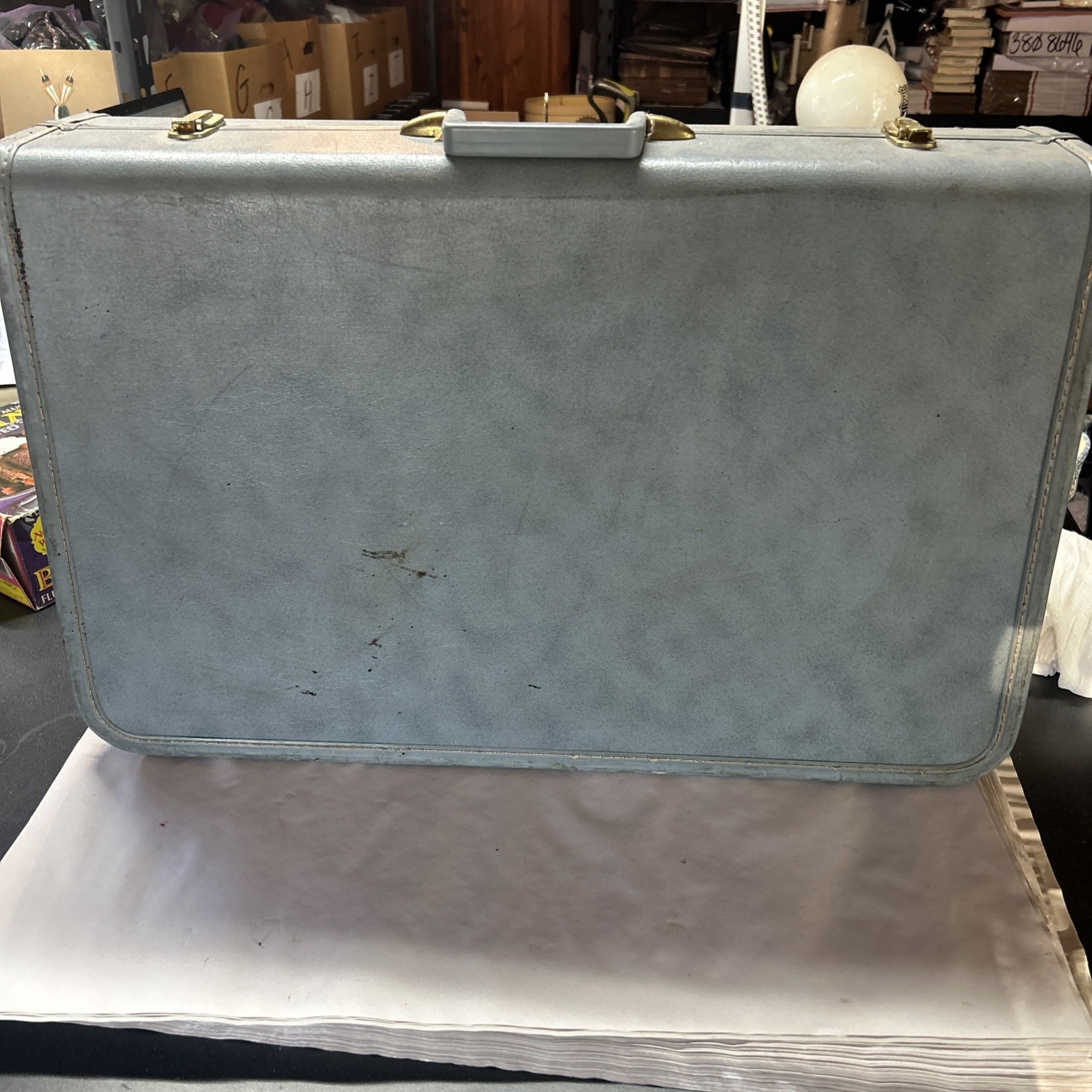 Vtg 1950 Taperlite Hard Shell Blue Gray Vinyl Luggage Set Locking 2 Piece W/Key