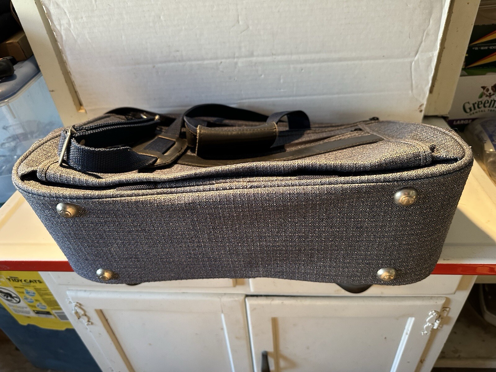 Vintage Ventura Large Shoulder Bag Carry-On Zippered Blue Canvas & Leather