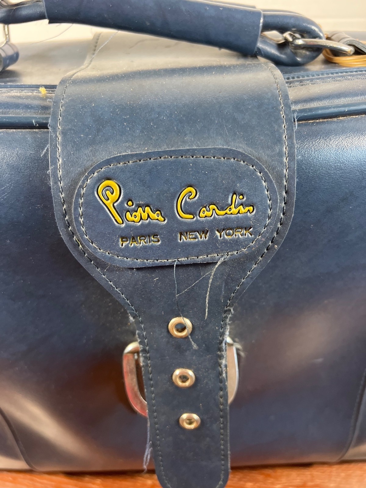 Pierre Cardin Blue Vintage Hard Shell Suitcase W/ Buckle Straps & Leather Handle