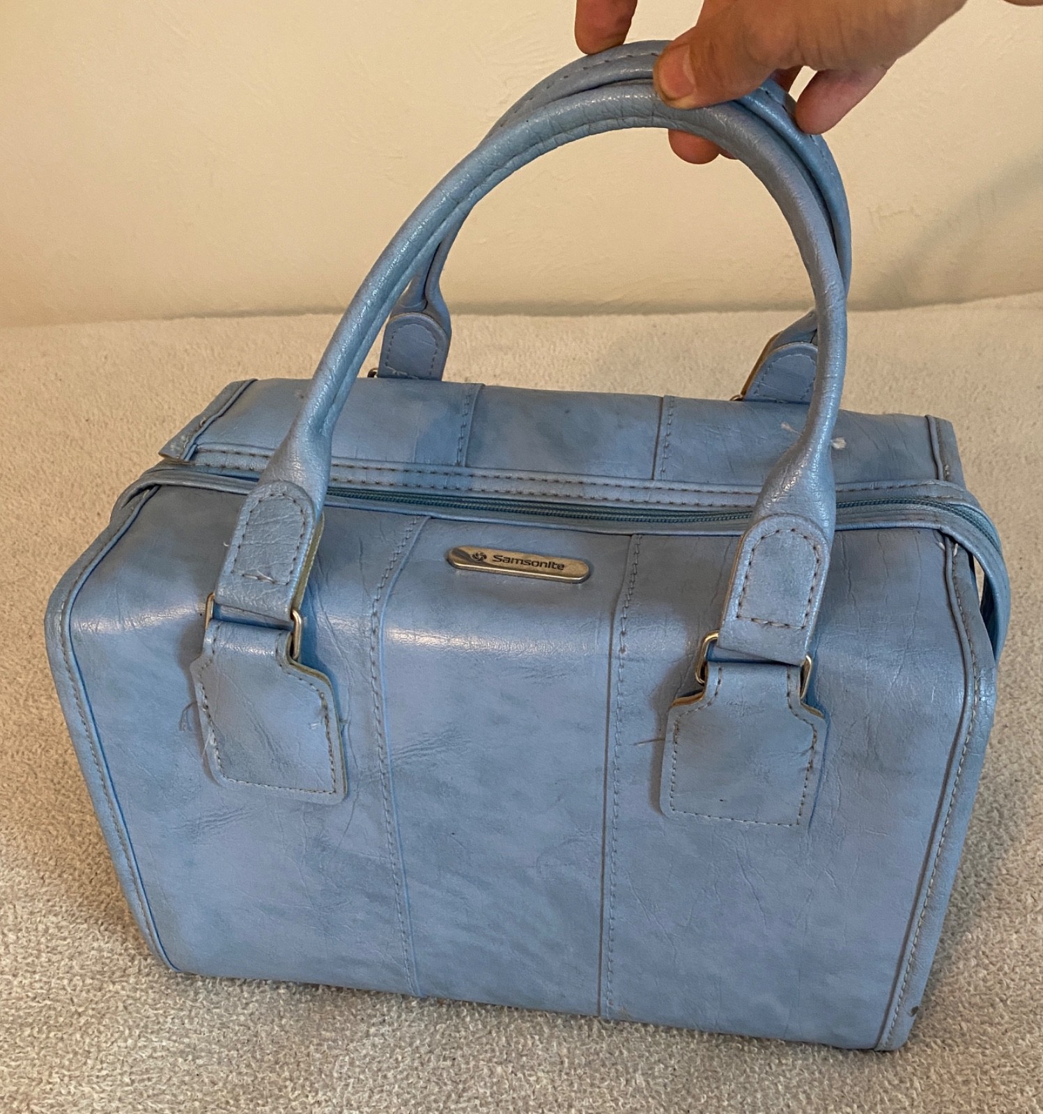 VTG Samsonite Luggage Bag Vanity Train Case Light Blue Vinyl 12x7x8.5