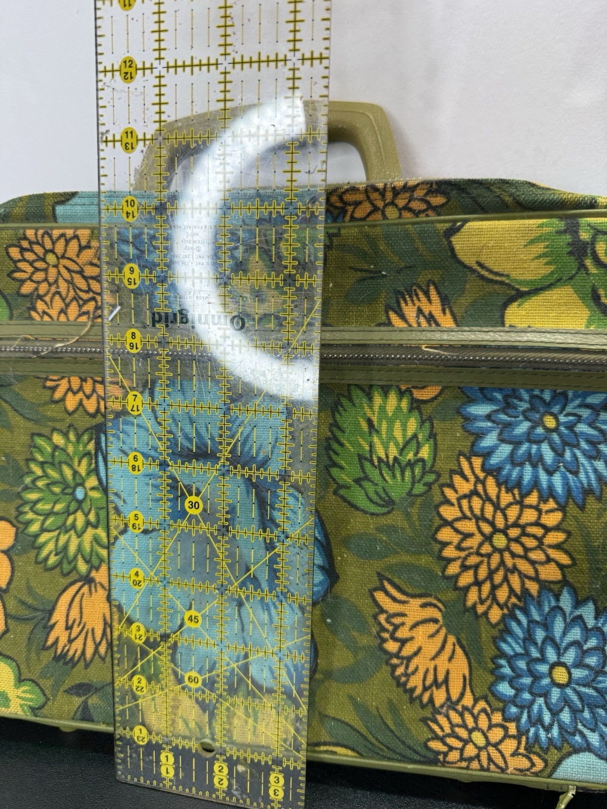 Vintage Bantam Travelware Canvas Suitcase Mod Pattern Floral 1970s Blue Green