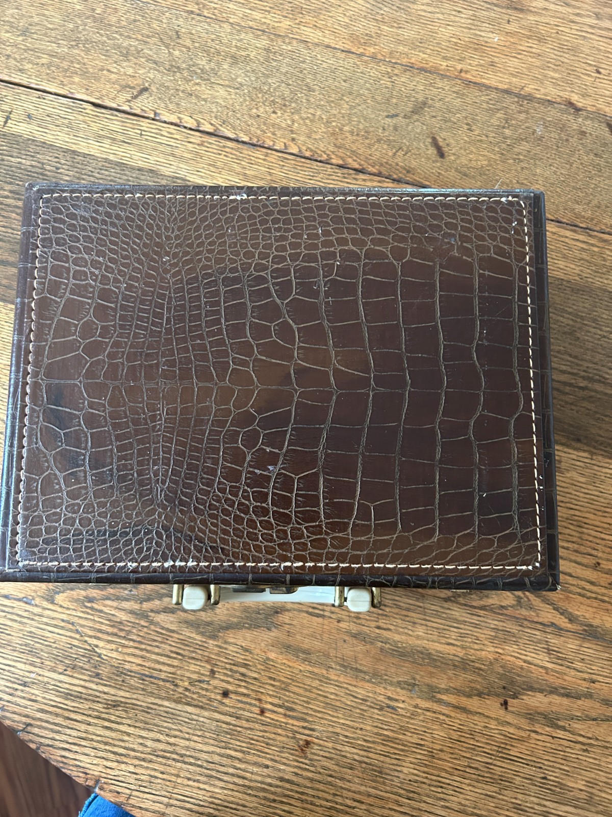 Vintage 1930s Art Deco Faux Alligator Leather Vanity Travel Case with Glass Jars