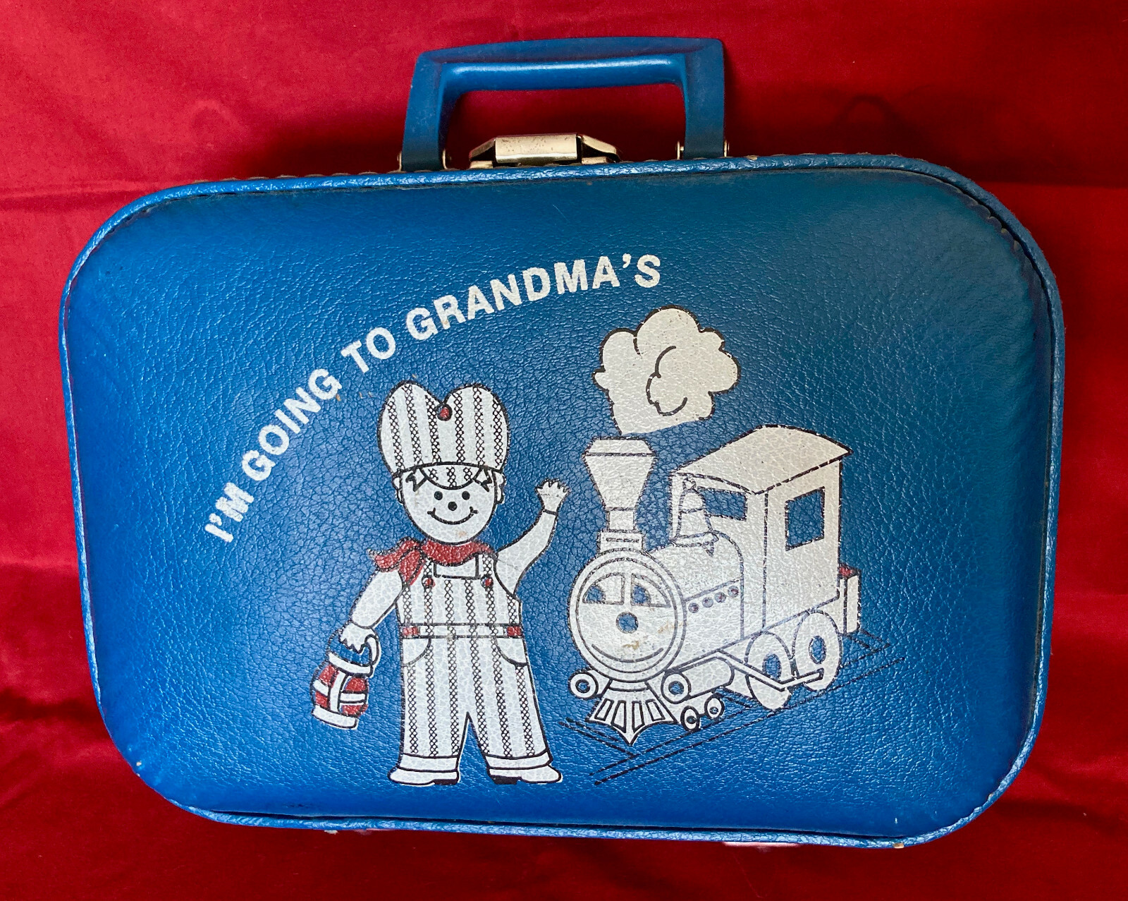 Vintage Small Blue Kids (Boy Train) “I’m Going to Grandma’s” Hard Sided Suitcase