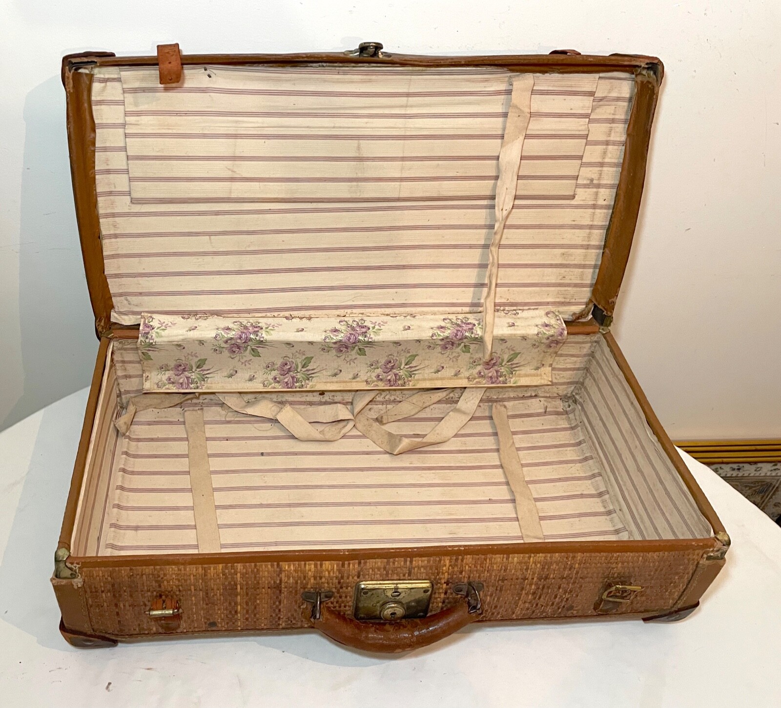 rare antique 19th century handmade woven wicker leather brass travel suitcase