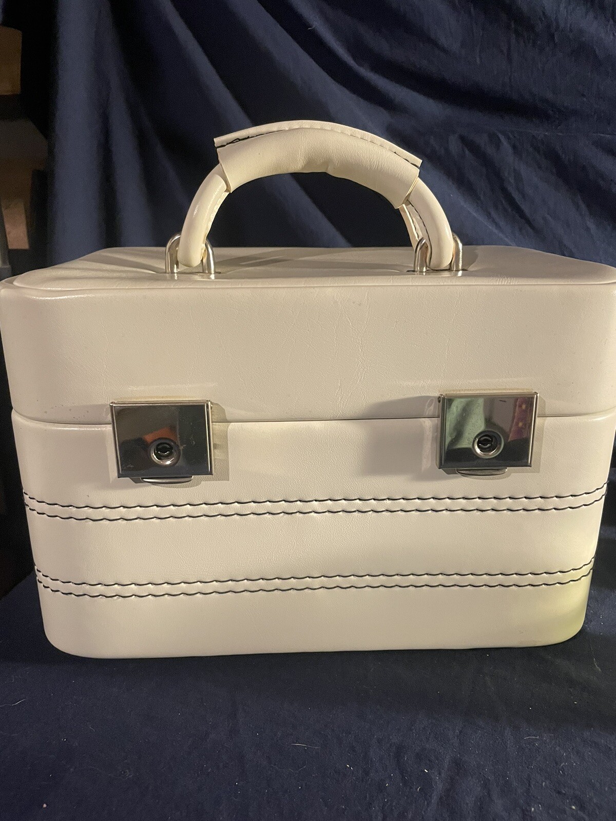Vintage Train Makeup Case Bon Voyage White With Blue Interior