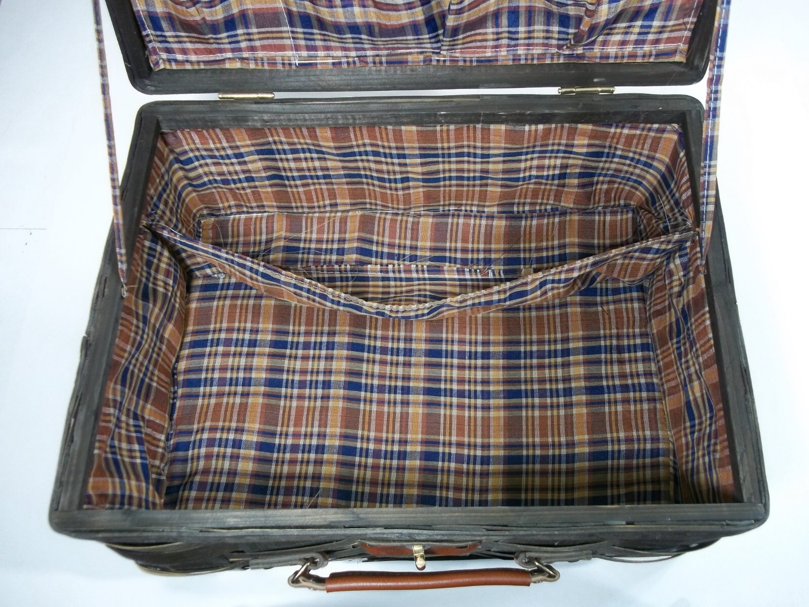 Wide Split Bamboo Suitcase Overnight Bag Carry On Leather Handle & Closure Strap